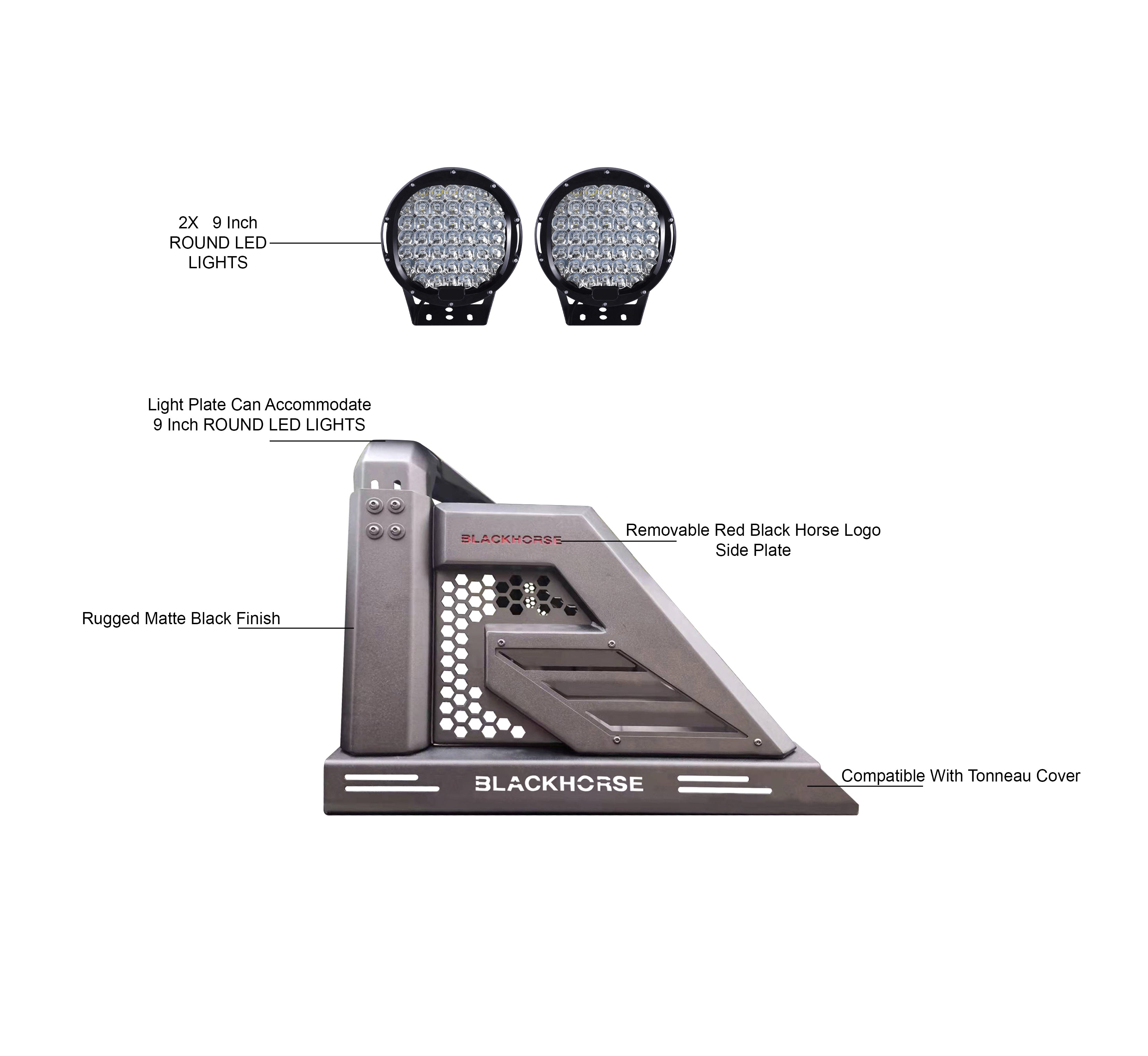 Armour Ii Roll Bar Kit W/ Set of 9" Black Round LED Light | Black Horse Off Road - Image 2
