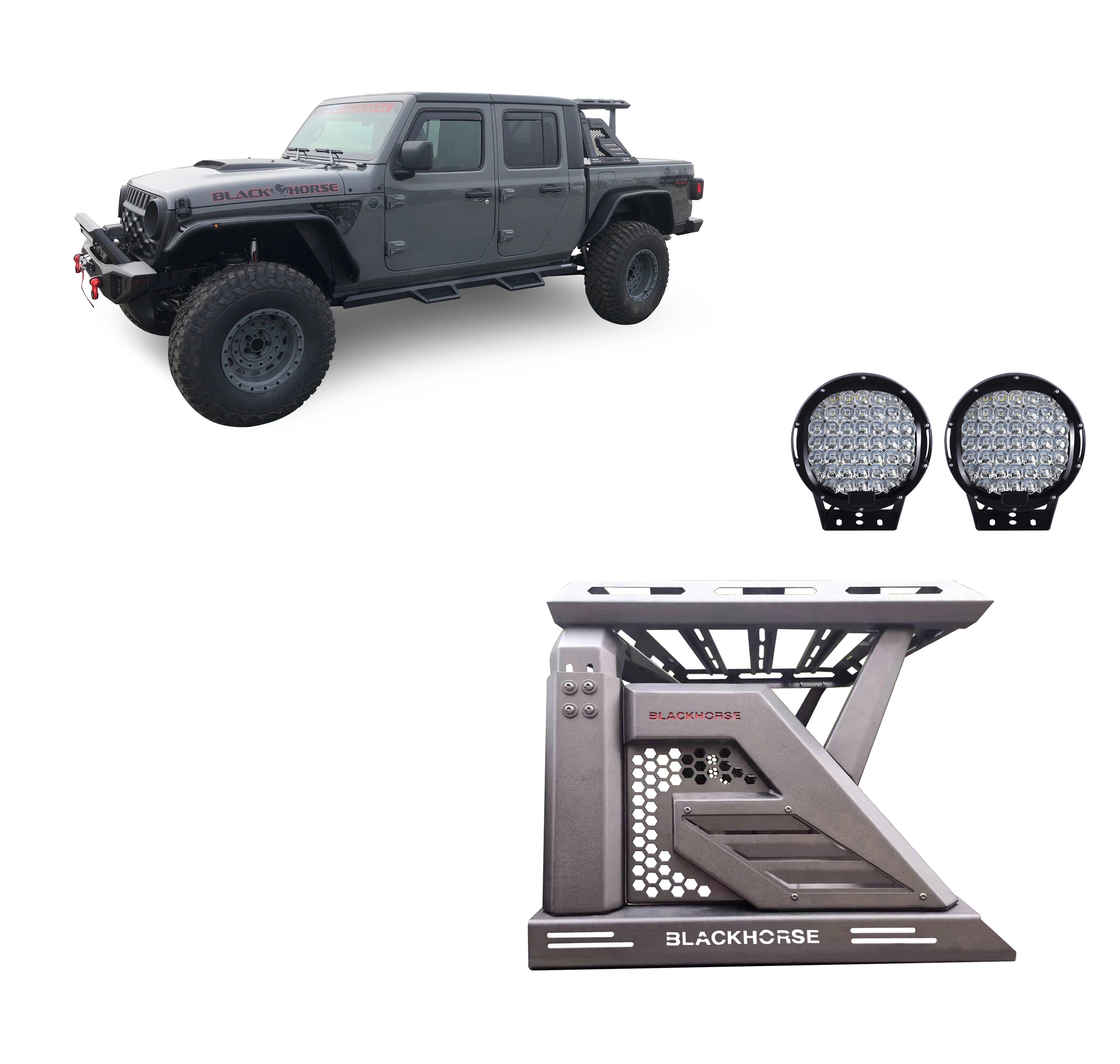 2019-2026 Jeep Gladiator Armour Ii Roll Bar W/Basket Kit 2nd Box: 51.57*4.72*19.68 inch W/ Set of 9" Black Round LED Light | Black Horse Off Road - Image 1