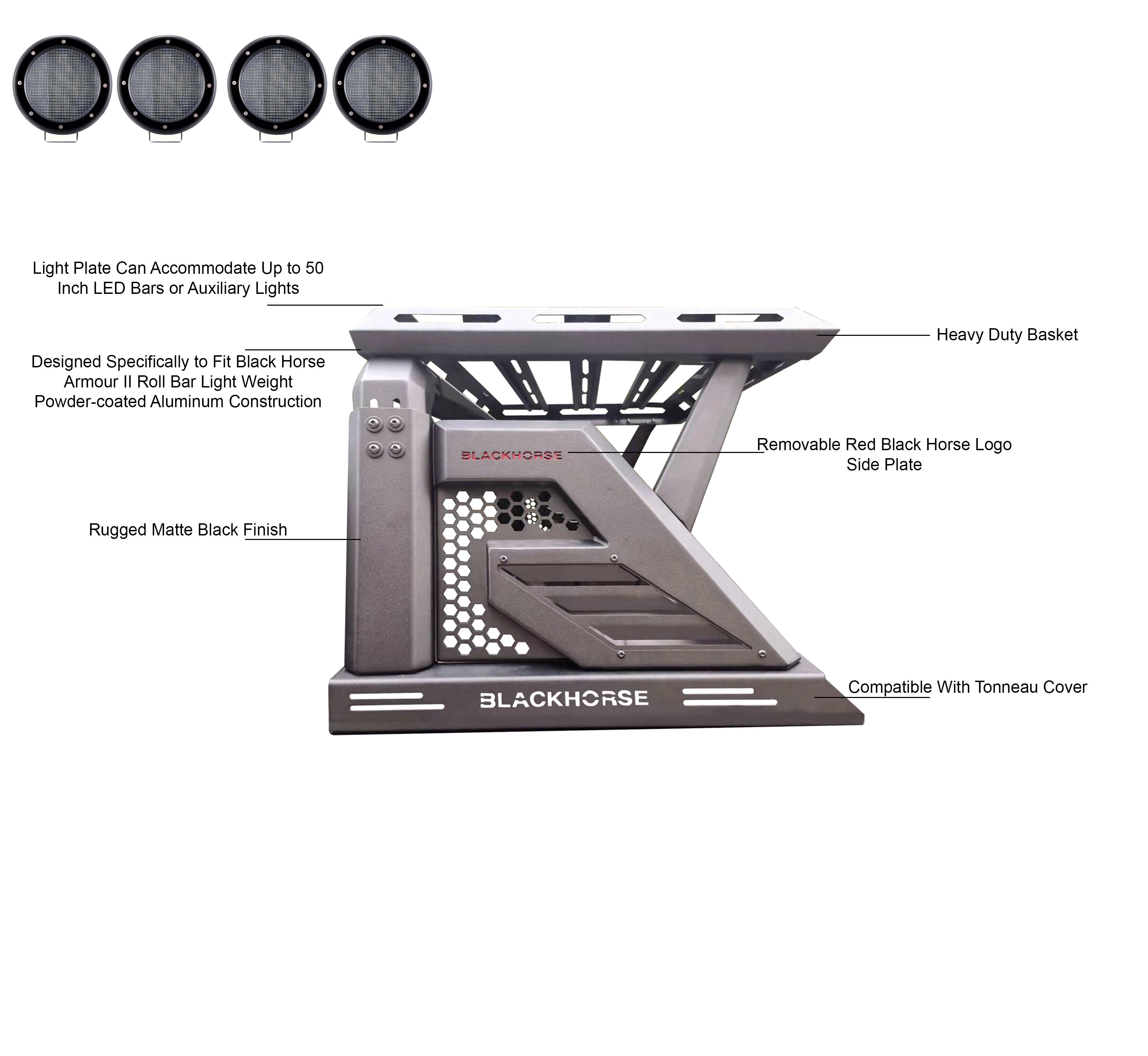 2019-2026 Jeep Gladiator Armour Ii Roll Bar W/Basket Kit 2 sets of 5.3" Dia. Black LED Flood Lights w/ Harness and Switch & 2nd Box: 51.57*4.72*19.68 inch | Black Horse Off Road - Image 7
