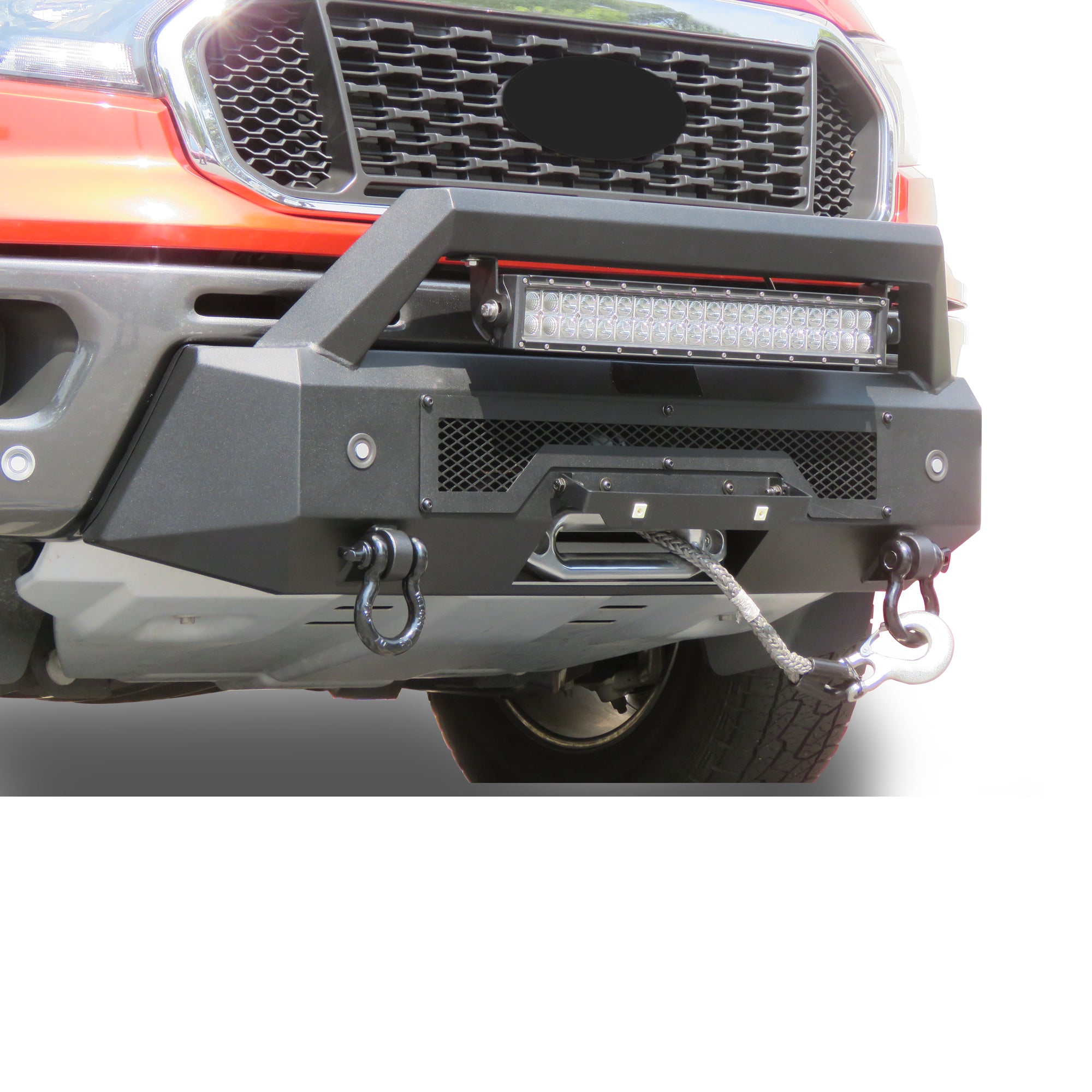 2019-2023 Ford Ranger Armour Iii Heavy Duty Front Winch Bumper Kit & Winch Comes with 20" Single Row Light Bar & 12K Synthetic Rope Winch | Black Horse Off Road - Image 1
