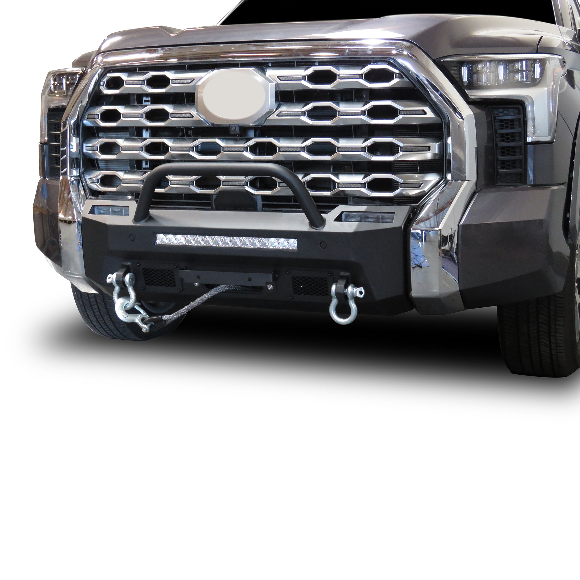 2022-2026 Toyota Tundra Armour Iii Heavy Duty Front Winch Bumper Kit & Winch Comes with 20" Single Row Light Bar & 12K Synthetic Rope Winch | Black Horse Off Road - Image 1