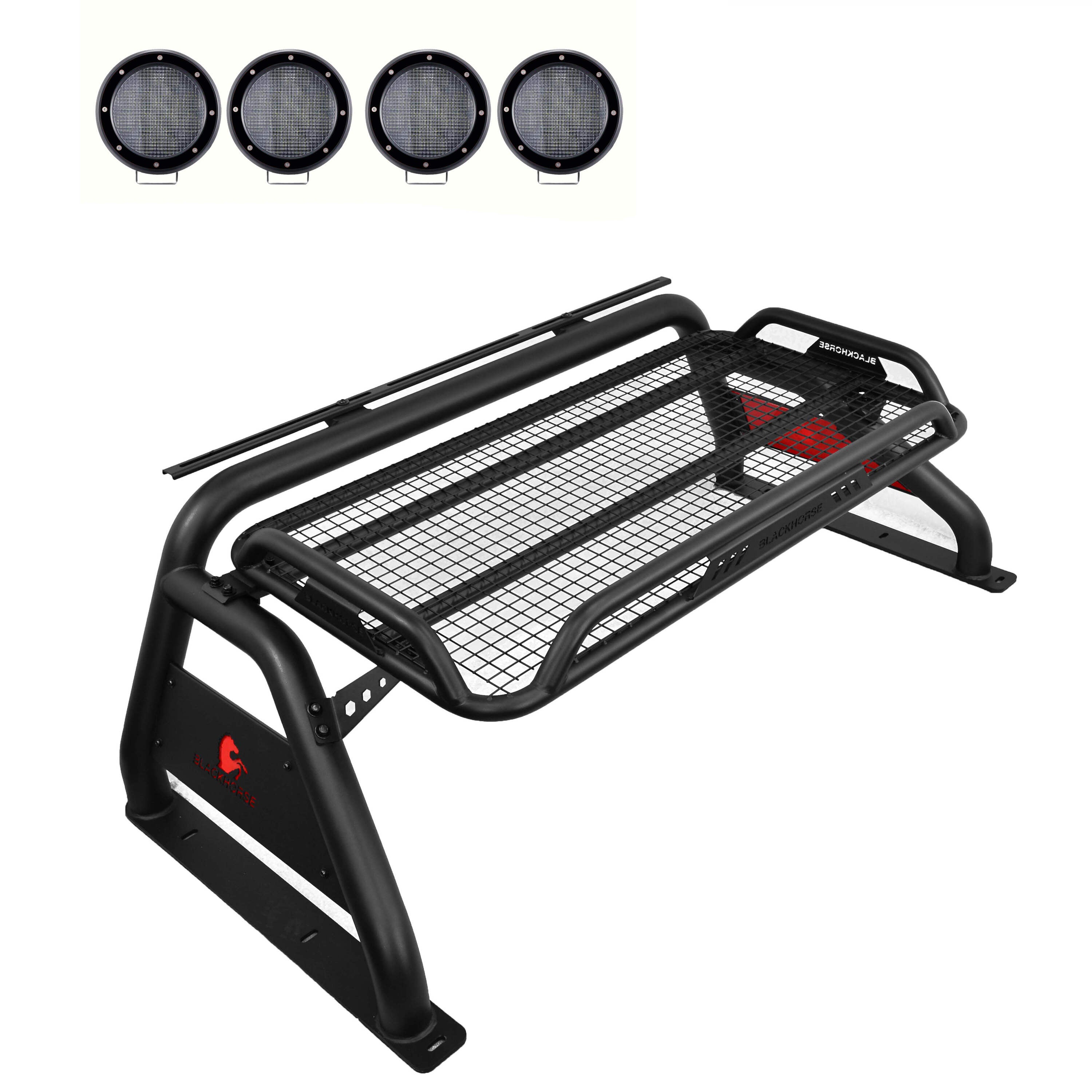 2005-2021 Nissan Frontier Atlas Roll Bar Kit 2 sets of 5.3" Dia. Black LED Flood Lights w/ Harness and Switch | Black Horse Off Road - Image 1