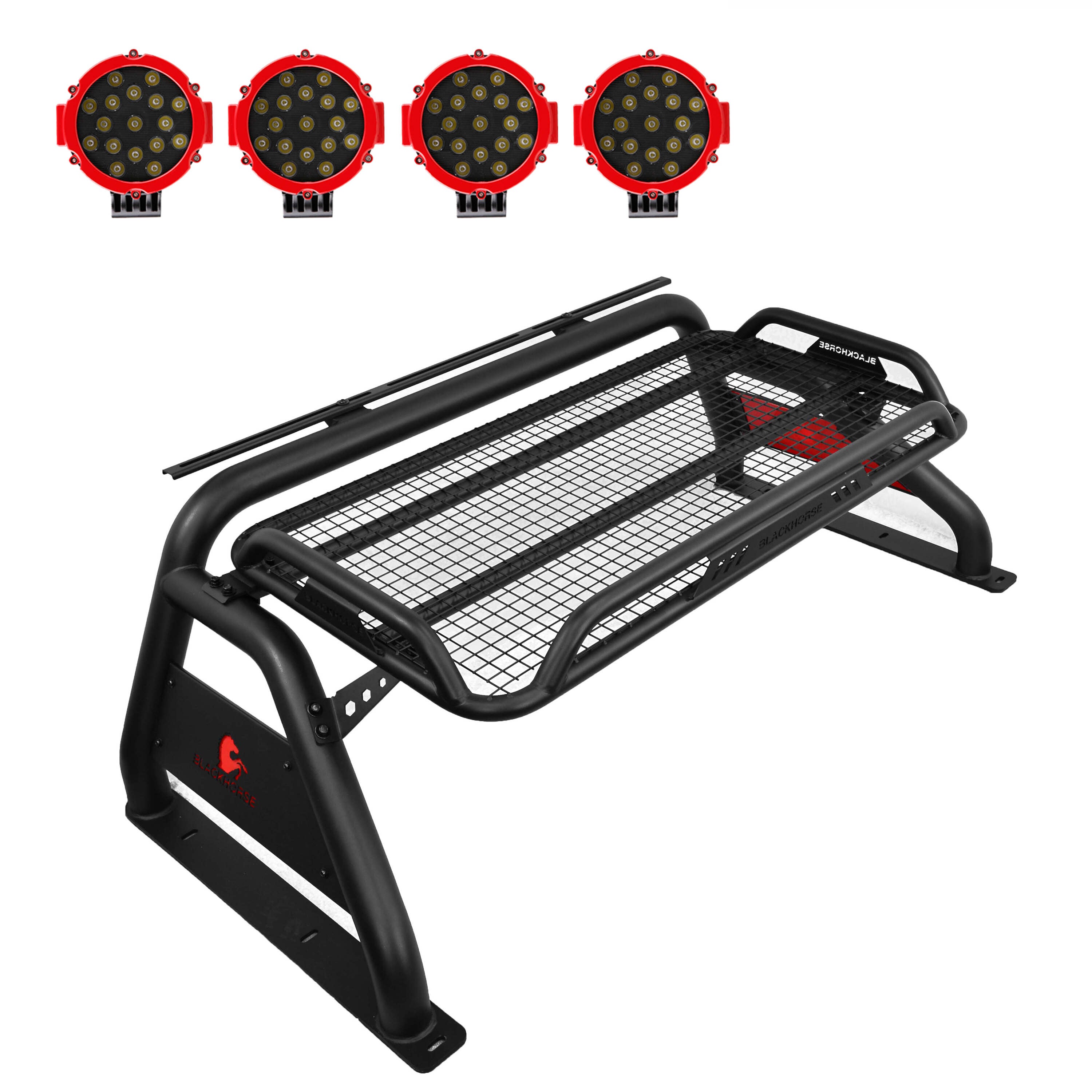 2005-2021 Nissan Frontier Atlas Roll Bar Kit Incl. 2 pairs of 7.0"Dia. LED Lights w/Red Trim Rings w/ Wiring Harness and Switch | Black Horse Off Road - Image 1