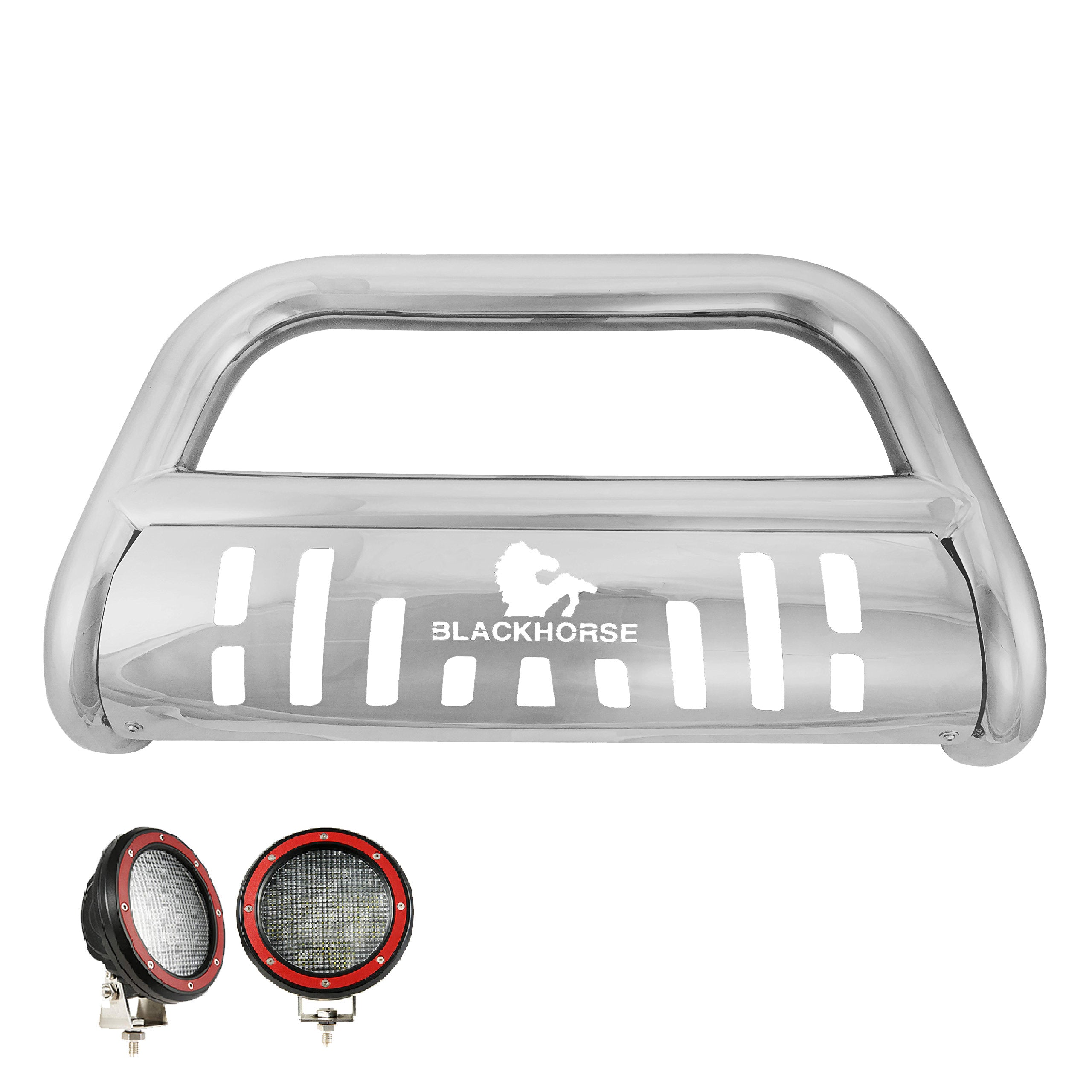 2007-2022 Avalanche Bull Bar Kit Skid Plate Pair of 5.3" Dia. LED Flood Lights w/ Red Trim Rings Wiring Harness and Switch | Black Horse Off Road - Image 2
