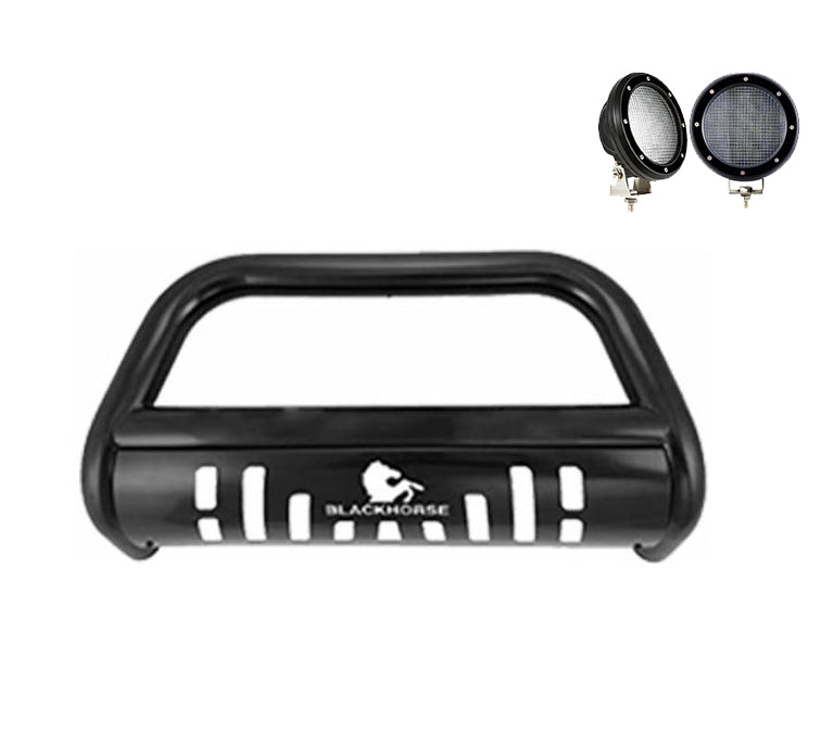 1997-2004 Dodge Ram Dakota Bull Bar Kit Skid Plate Pair of 5.3" Dia. LED Flood Lights w/ Black Trim Rings Wiring Harness and Switch | Black Horse Off Road - Image 2