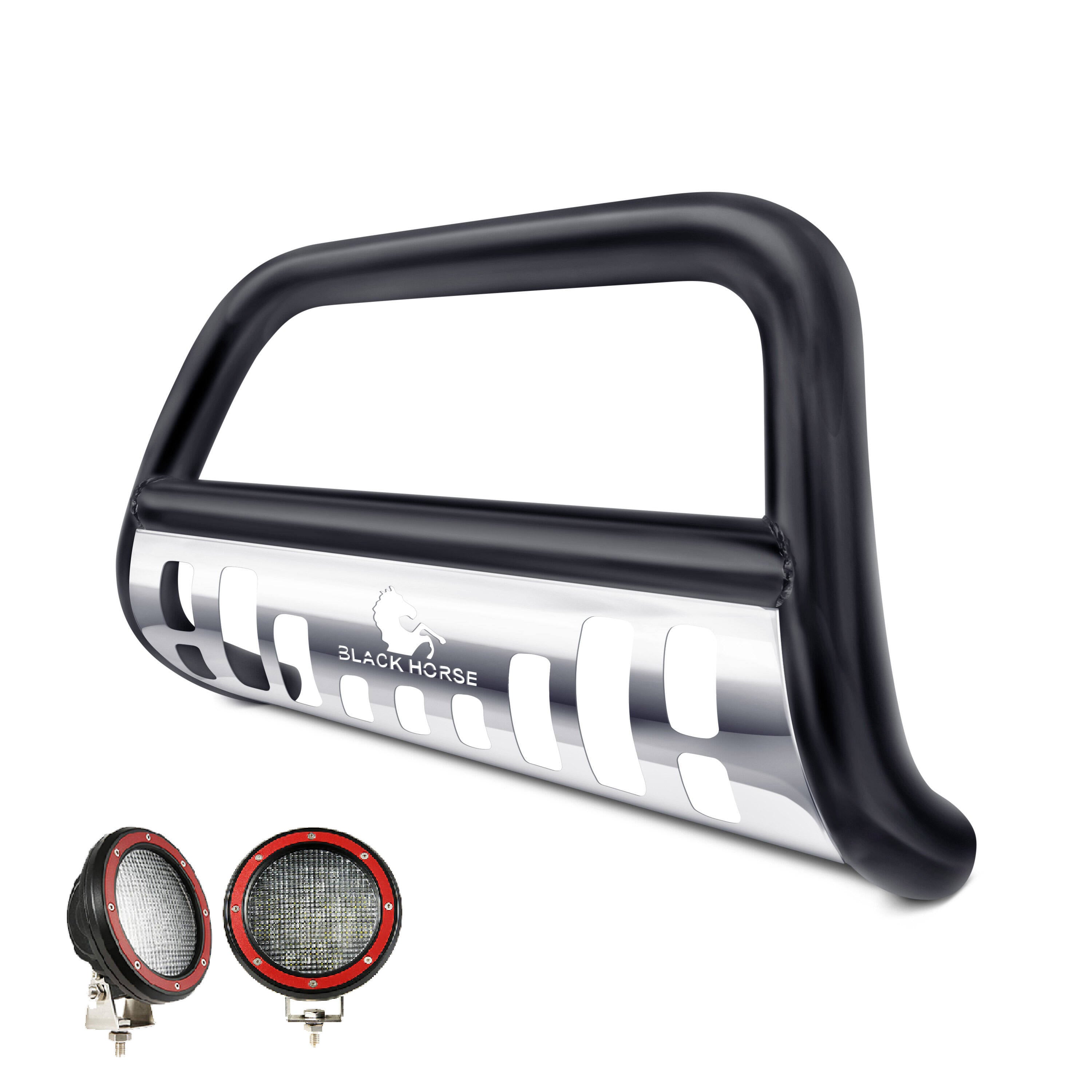 2009-2024 Dodge Ram 1500 Bull Bar Kit Skid Plate Pair of 5.3" Dia. LED Flood Lights w/ Red Trim Rings Wiring Harness and Switch | Black Horse Off Road - Image 2