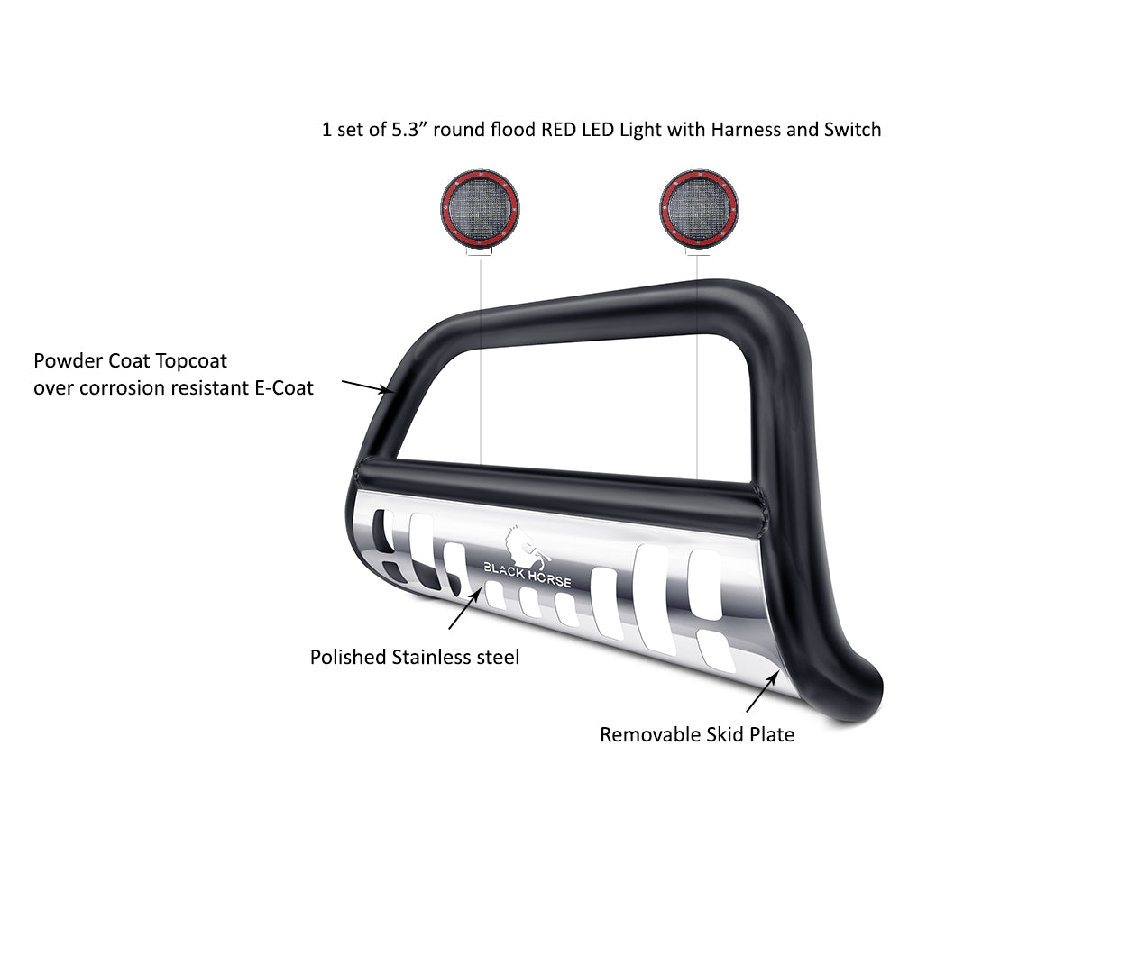 2007-2022 Lexus Lx570 / Toyota Land Cruiser Bull Bar Kit Skid Plate Pair of 5.3" Dia. LED Flood Lights w/ Red Trim Rings Wiring Harness and Switch | Black Horse Off Road - Image 3