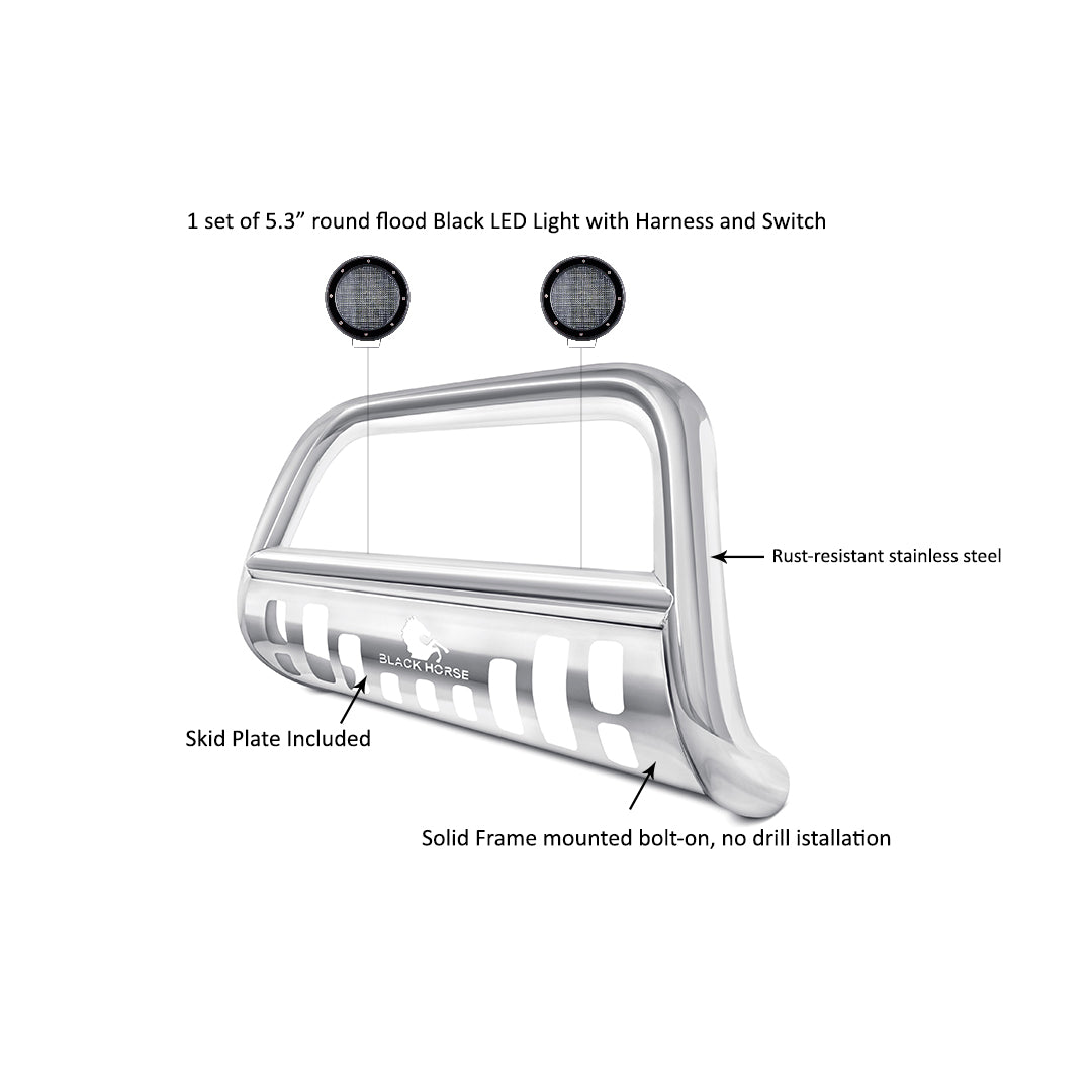 2008-2022 Lexus Lx570 / Toyota Land Cruiser Bull Bar Kit Skid Plate Pair of 5.3" Dia. LED Flood Lights w/ Black Trim Rings Wiring Harness and Switch | Black Horse Off Road - Image 3