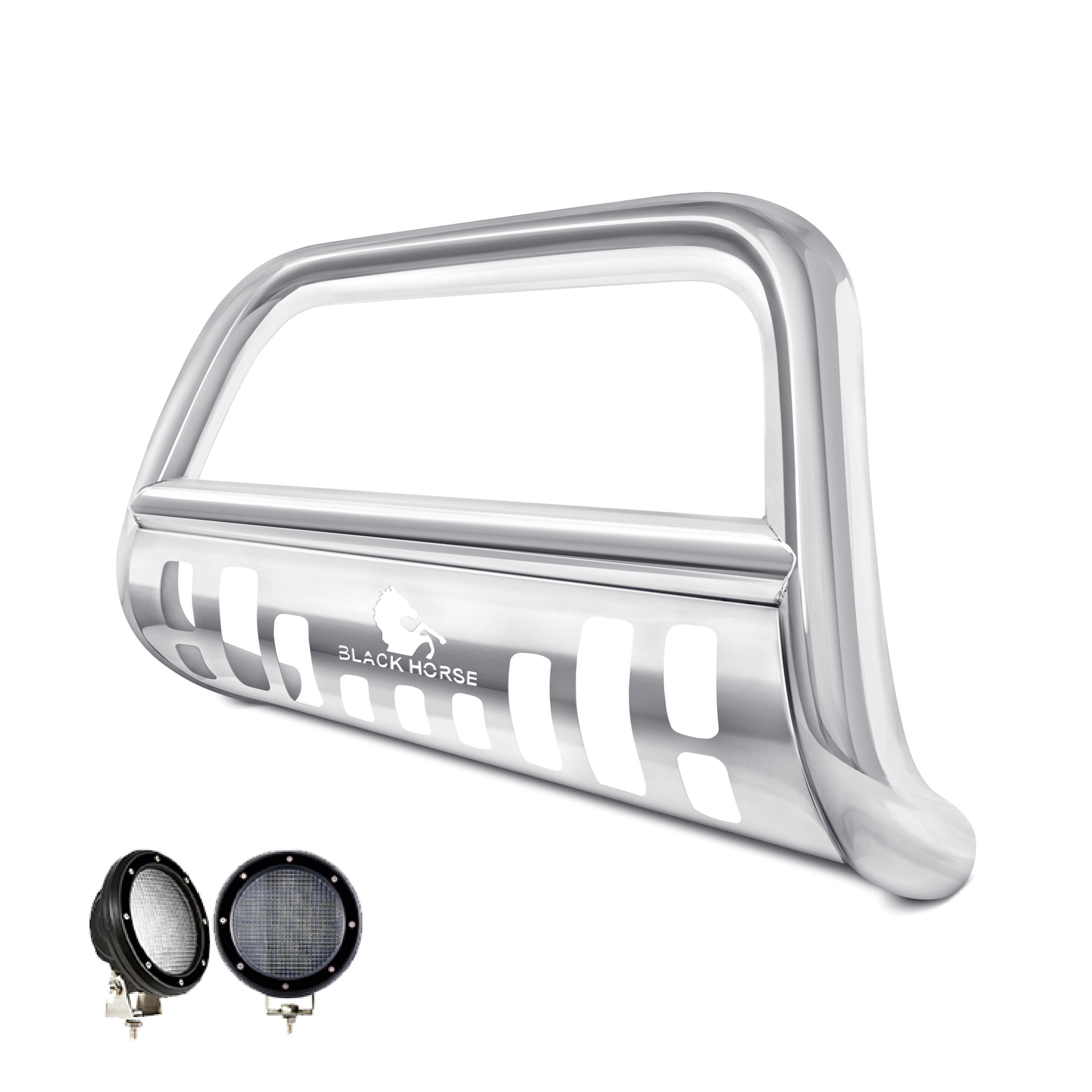 2014-2018 Lexus Gx460 Bull Bar Kit Skid Plate Pair of 5.3" Dia. LED Flood Lights w/ Black Trim Rings Wiring Harness and Switch | Black Horse Off Road - Image 2