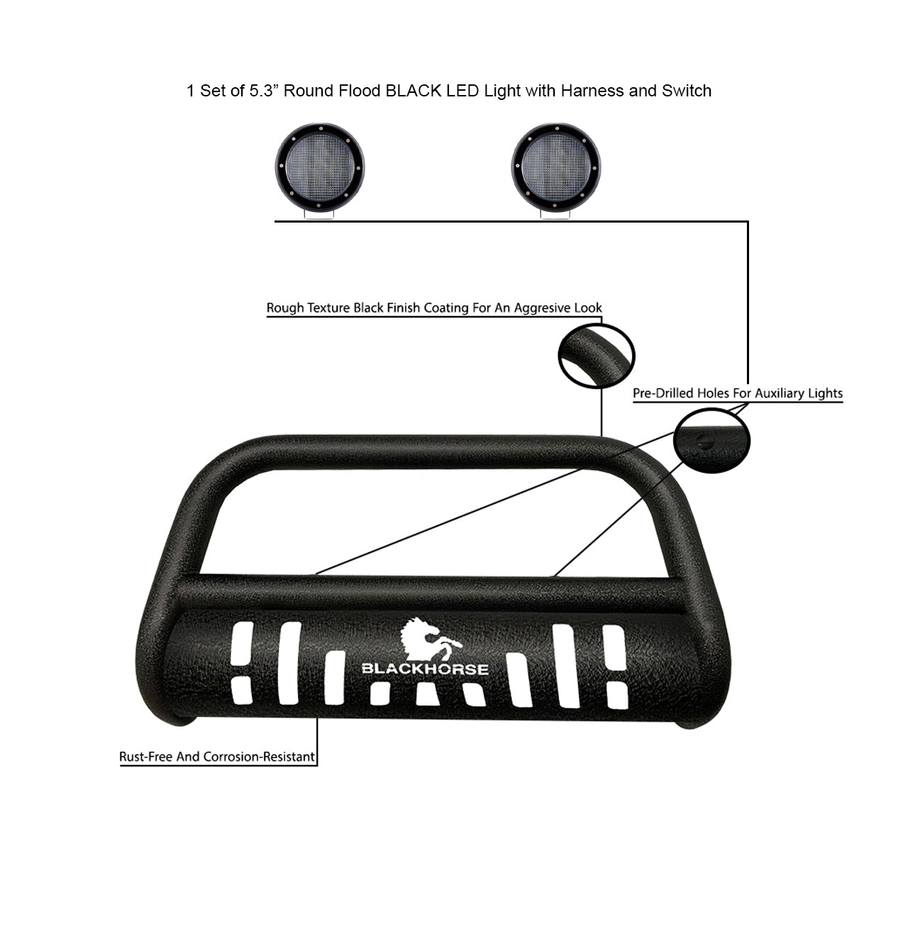 2002-2005 Ford Explorer / Mercury Mountaineer Bull Bar-T Kit Pair of 5.3" Dia. LED Flood Lights w/ Black Trim Rings Wiring Harness and Switch | Black Horse Off Road - Image 3