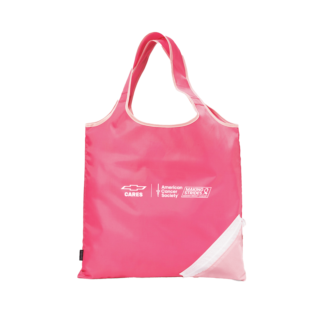 Chevy Cares pink foldaway shopper tote with white trim