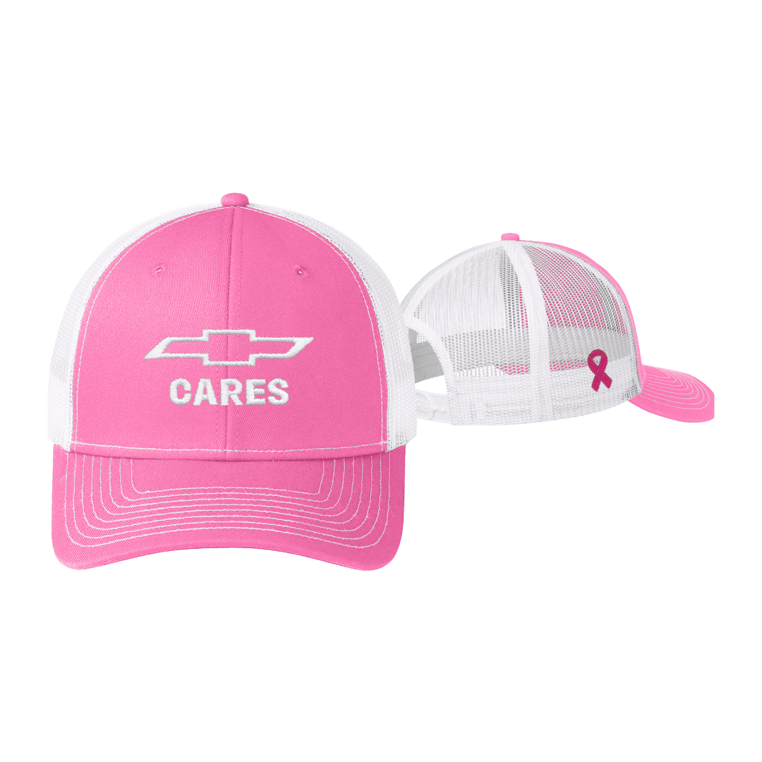 Chevy Cares pink and white mesh breast cancer awareness hat