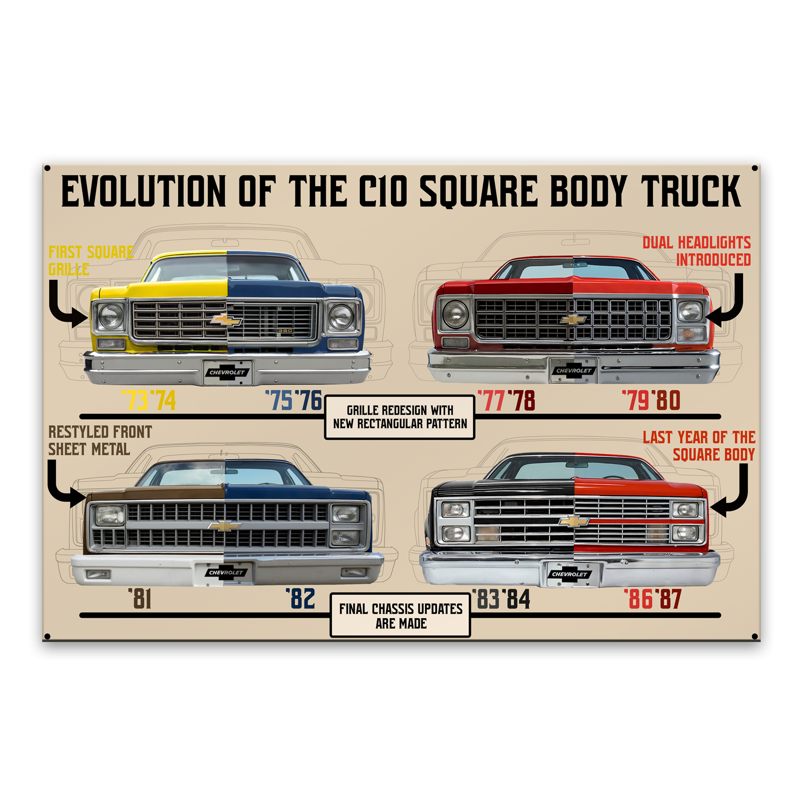 Chevrolet C10 Truck USA‑Made Steel Wall Décor 18” x 12” – Square Body Evolution Sign