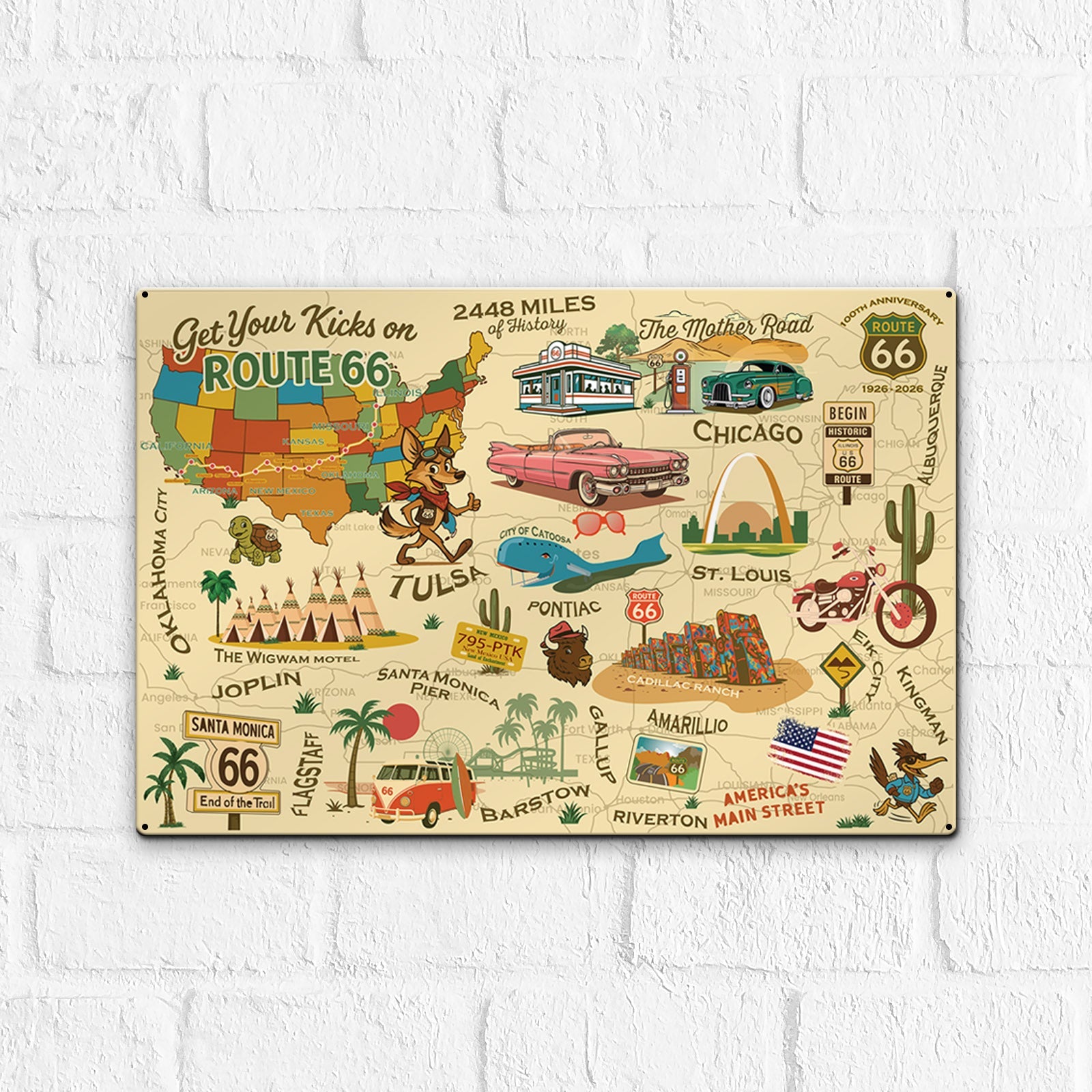 Legends of Route 66 with Mascots USA Made 22 Gauge 18 x 12 Metal Wall Decor– 100th Anniversary Edition