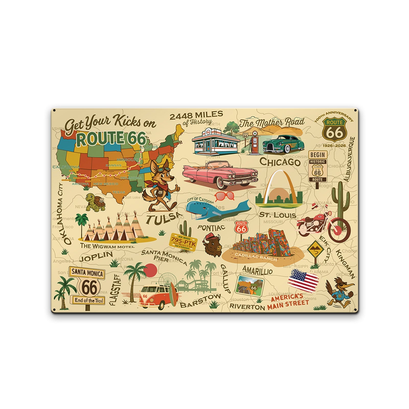 Legends of Route 66 with Mascots USA Made 22 Gauge 18 x 12 Metal Wall Decor– 100th Anniversary Edition