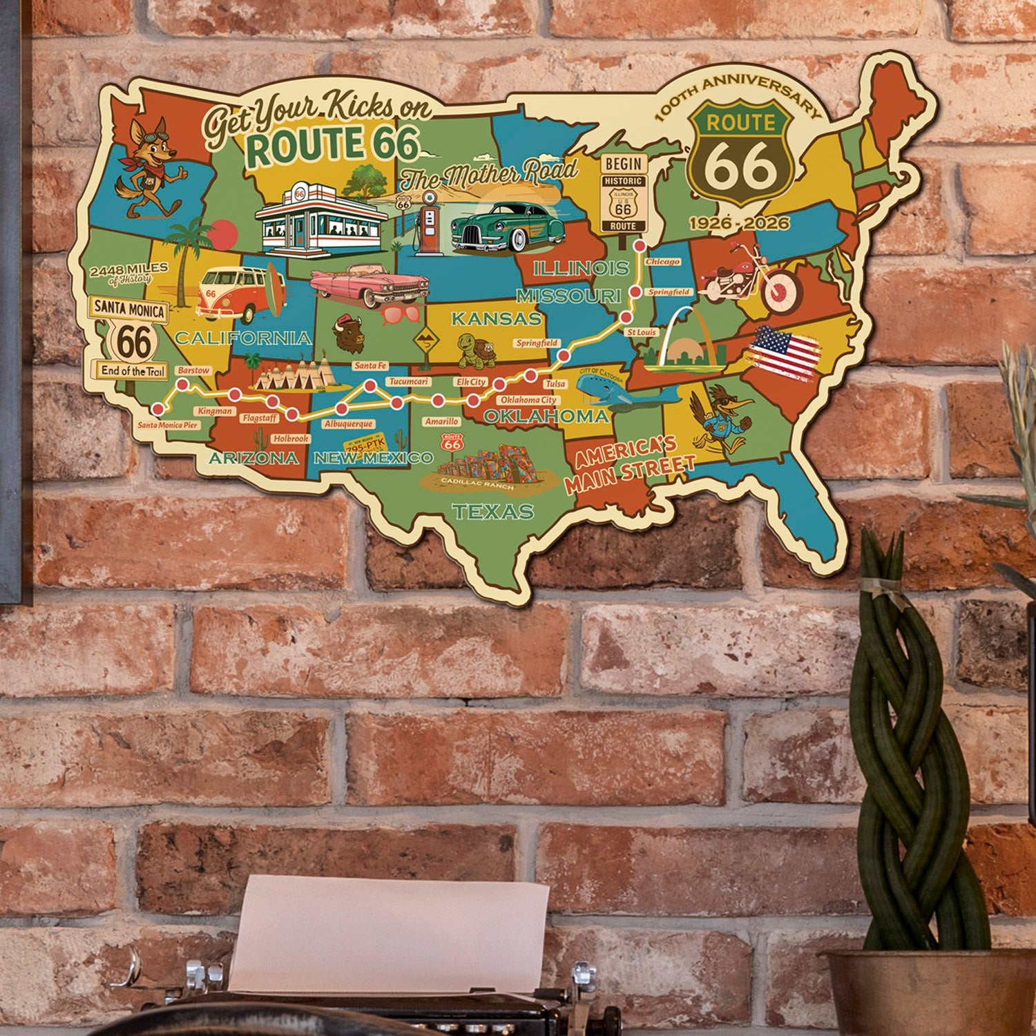 Legends of Route 66 USA Destination Map, 22 Gauge Metal Die Cut Wall Decor 100th Anniversary Edition-Made in the USA