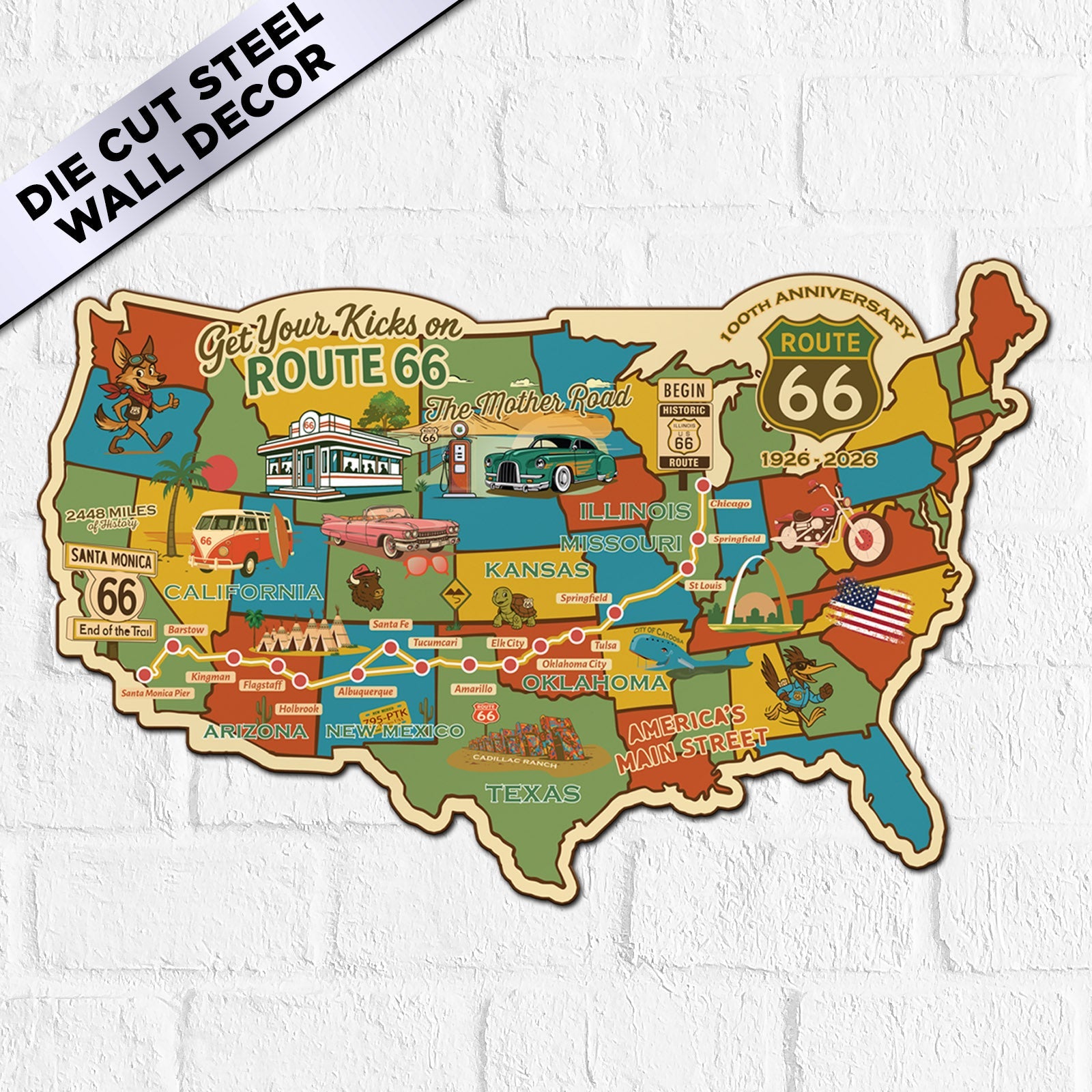 Legends of Route 66 USA Destination Map, 22 Gauge Metal Die Cut Wall Decor 100th Anniversary Edition-Made in the USA