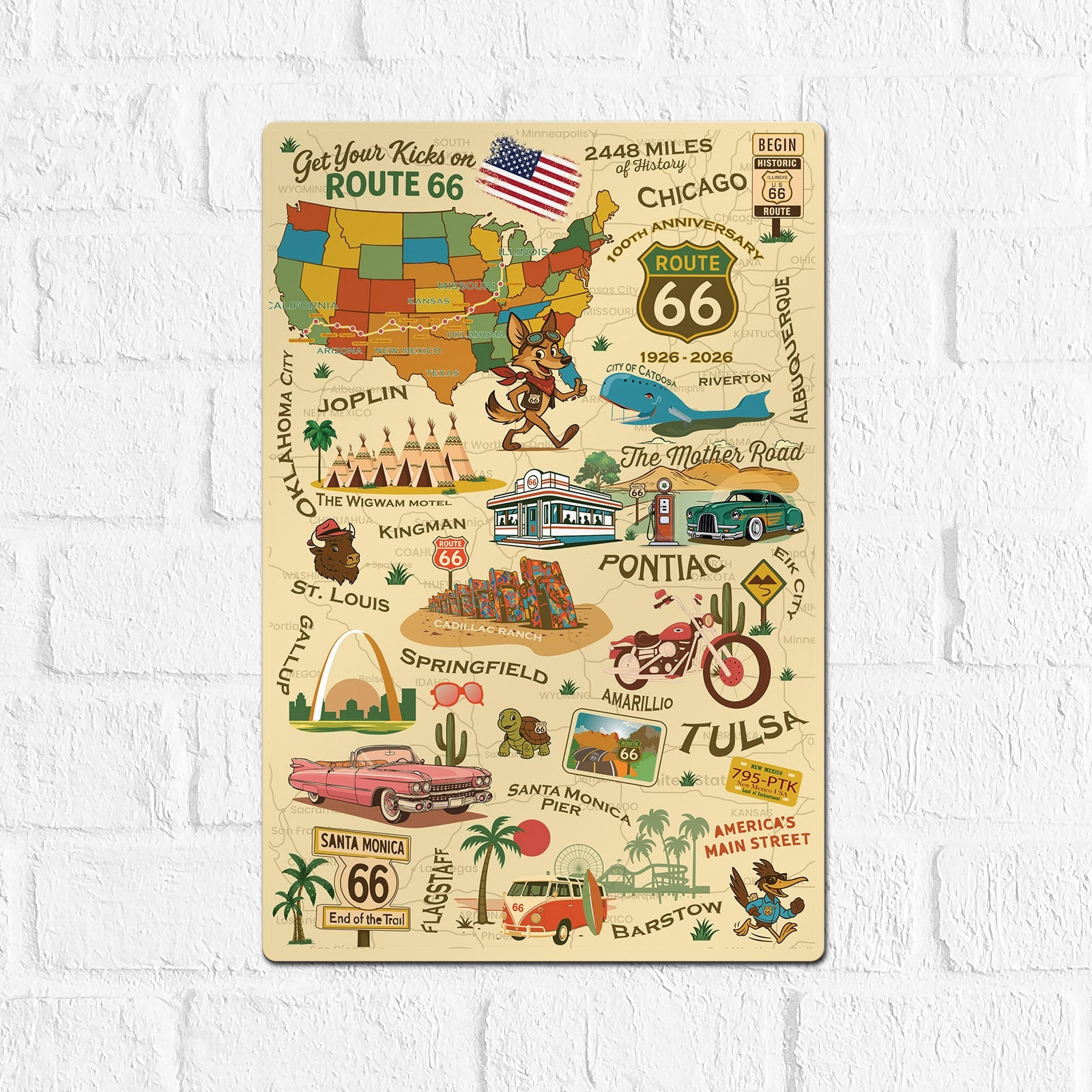 Legends of Route 66 with Mascots USA Made 22 Gauge 12 x 18 Metal Wall Decor– Sunbeltgifts® 100th Anniversary Edition