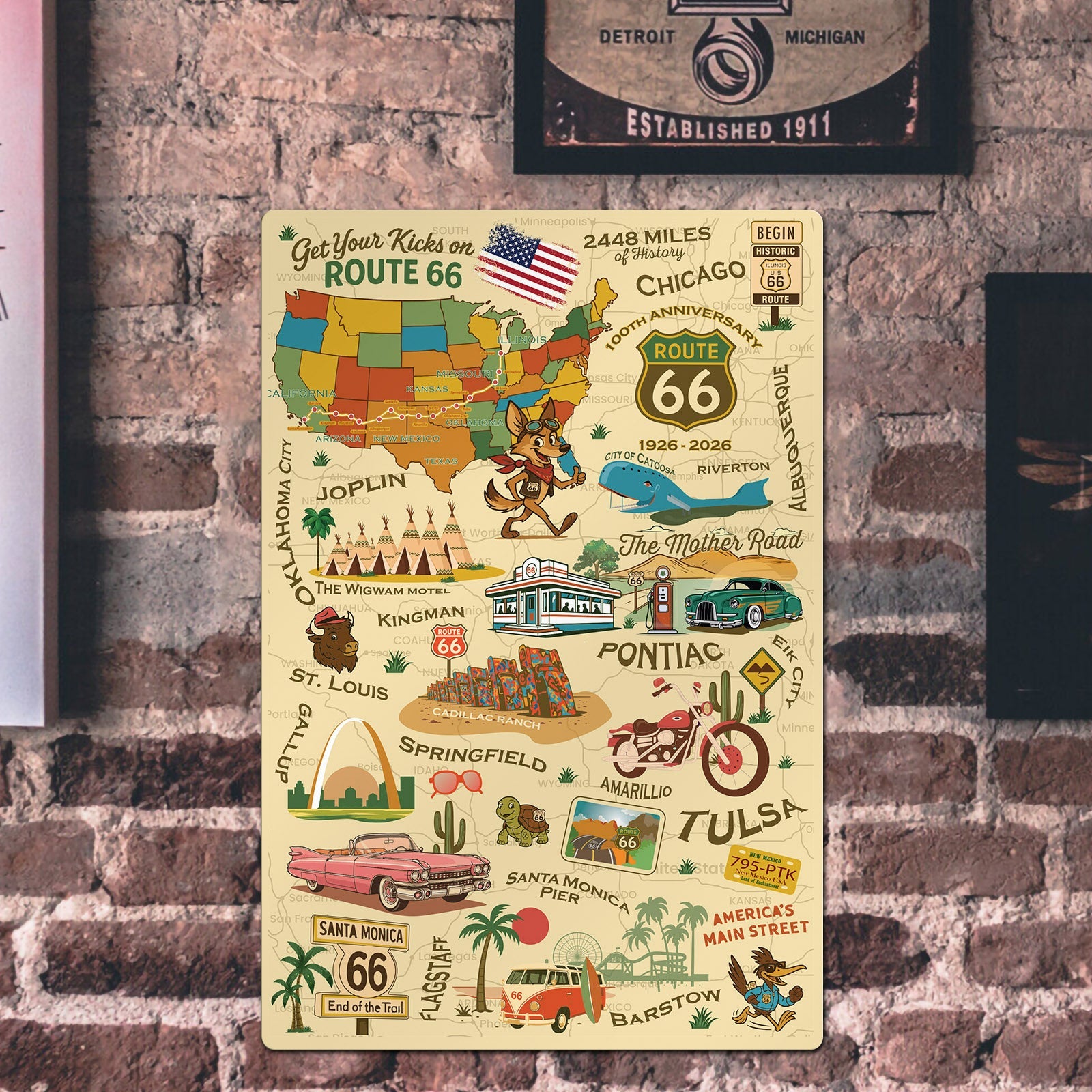 Legends of Route 66 with Mascots USA Made 22 Gauge 12 x 18 Metal Wall Decor– Sunbeltgifts® 100th Anniversary Edition