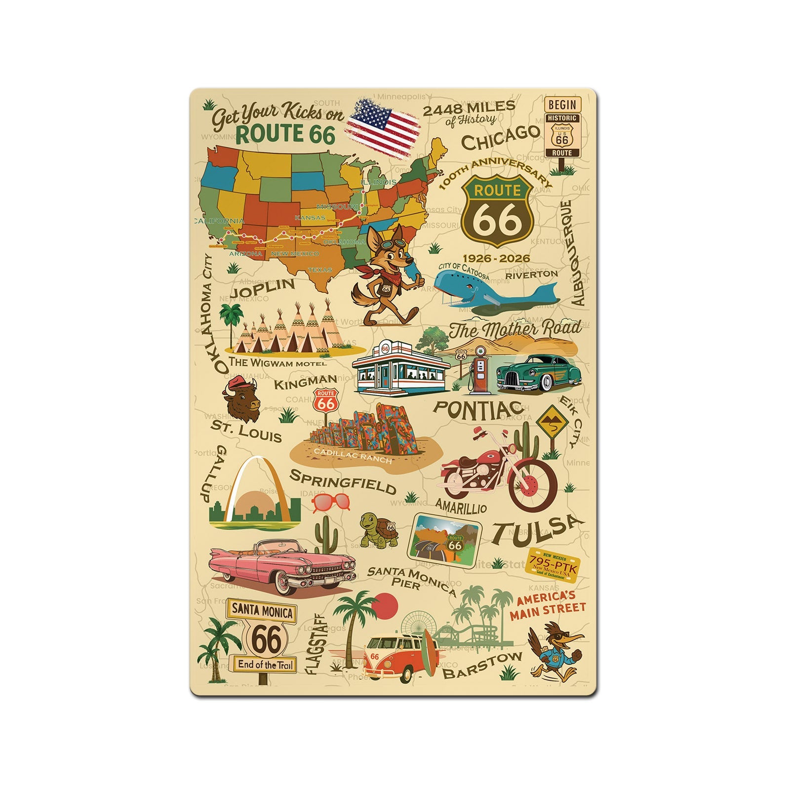 Legends of Route 66 with Mascots USA Made 22 Gauge 12 x 18 Metal Wall Decor– Sunbeltgifts® 100th Anniversary Edition
