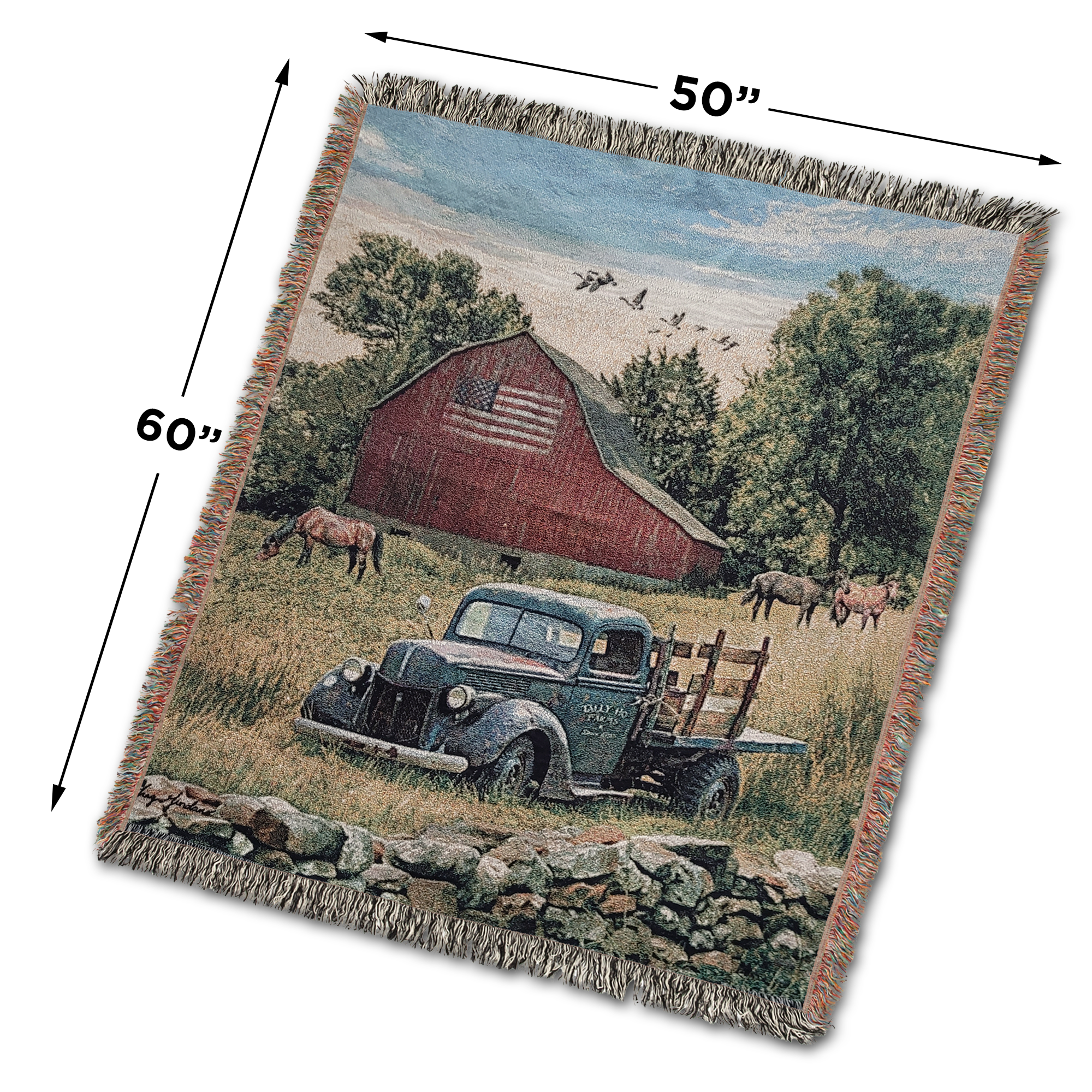 Truck, Barn and Horses Farm Scene 100% Cotton Woven Tapestry Blanket by Renowned Artist Greg Giordano