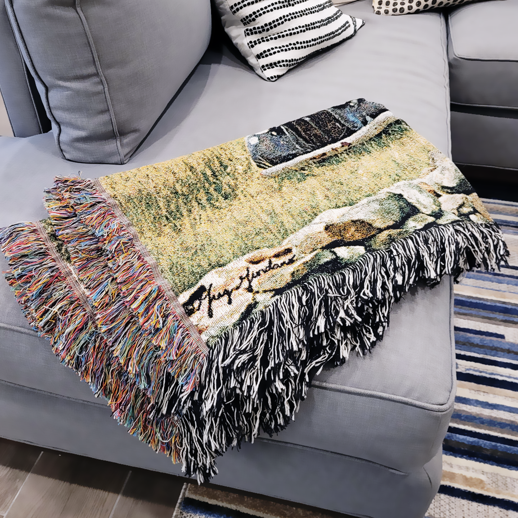 Truck, Barn and Horses Farm Scene 100% Cotton Woven Tapestry Blanket by Renowned Artist Greg Giordano