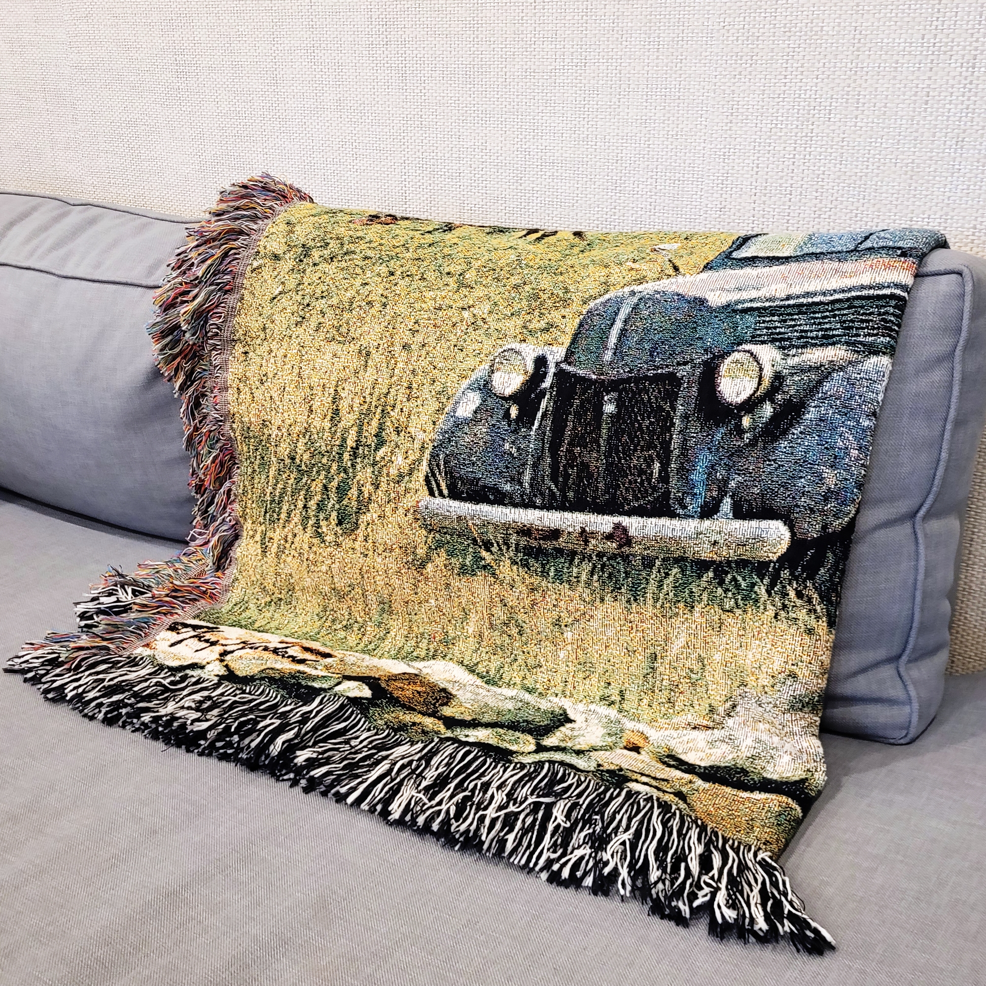 Truck, Barn and Horses Farm Scene 100% Cotton Woven Tapestry Blanket by Renowned Artist Greg Giordano