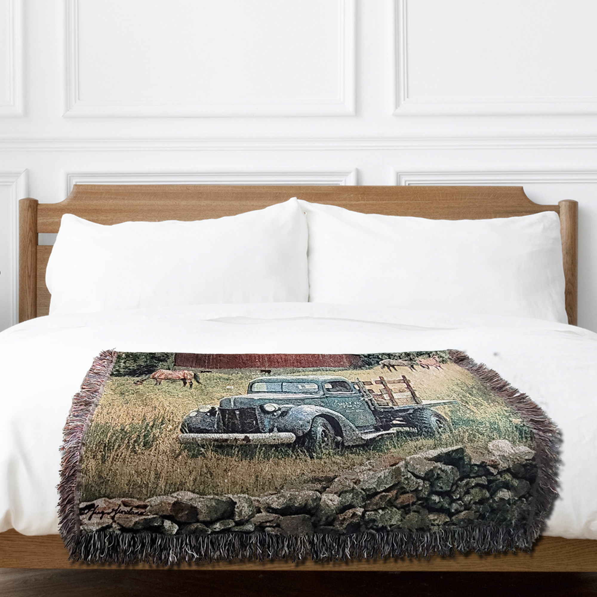 Truck, Barn and Horses Farm Scene 100% Cotton Woven Tapestry Blanket by Renowned Artist Greg Giordano