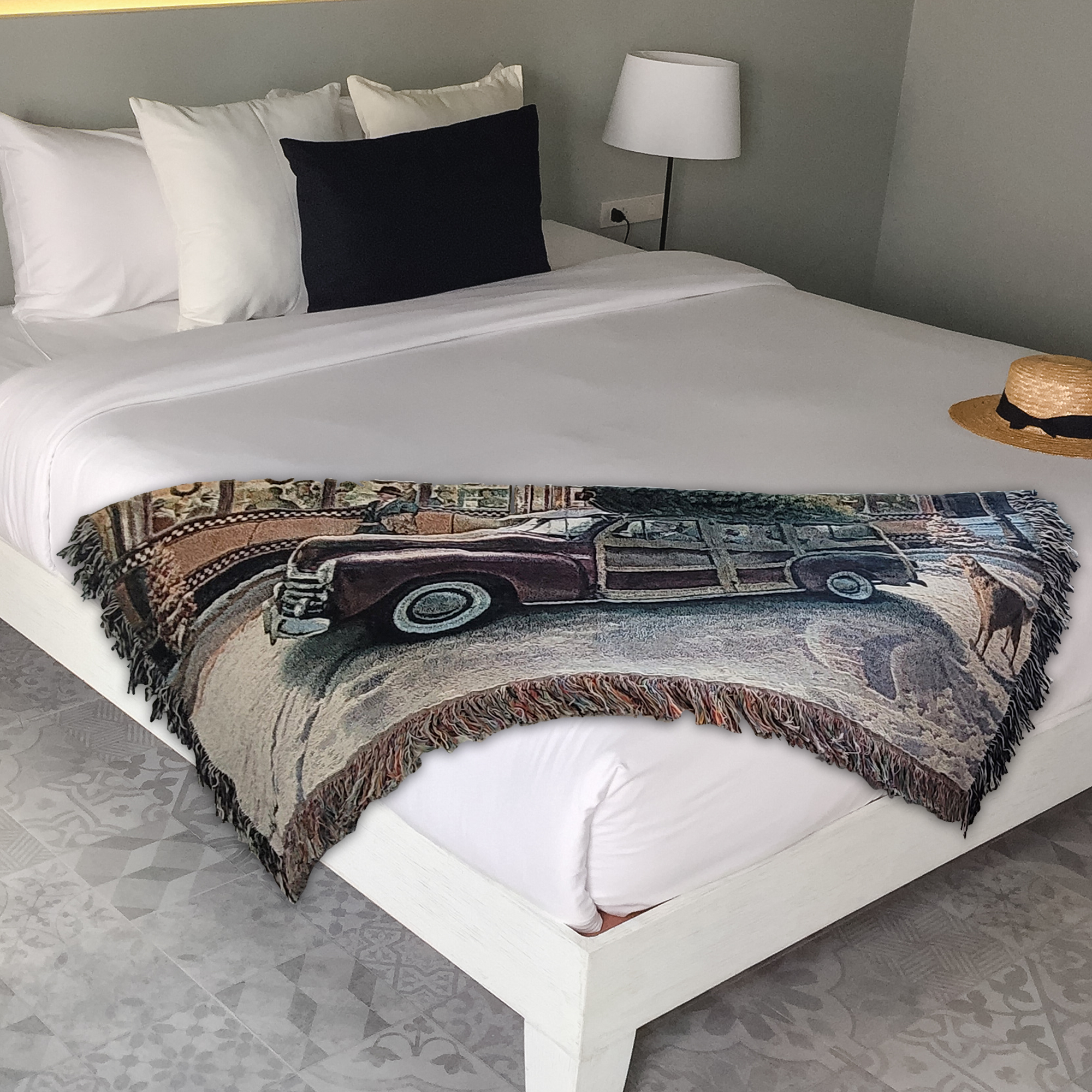 Christmas Route 66 Diner Scene 100% Cotton Woven Tapestry Blanket by Renowned Artist Greg Giordano