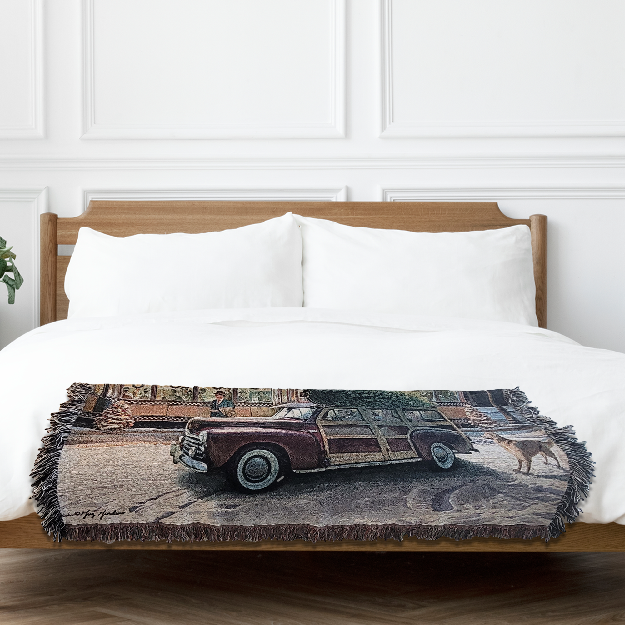 Christmas Route 66 Diner Scene 100% Cotton Woven Tapestry Blanket by Renowned Artist Greg Giordano