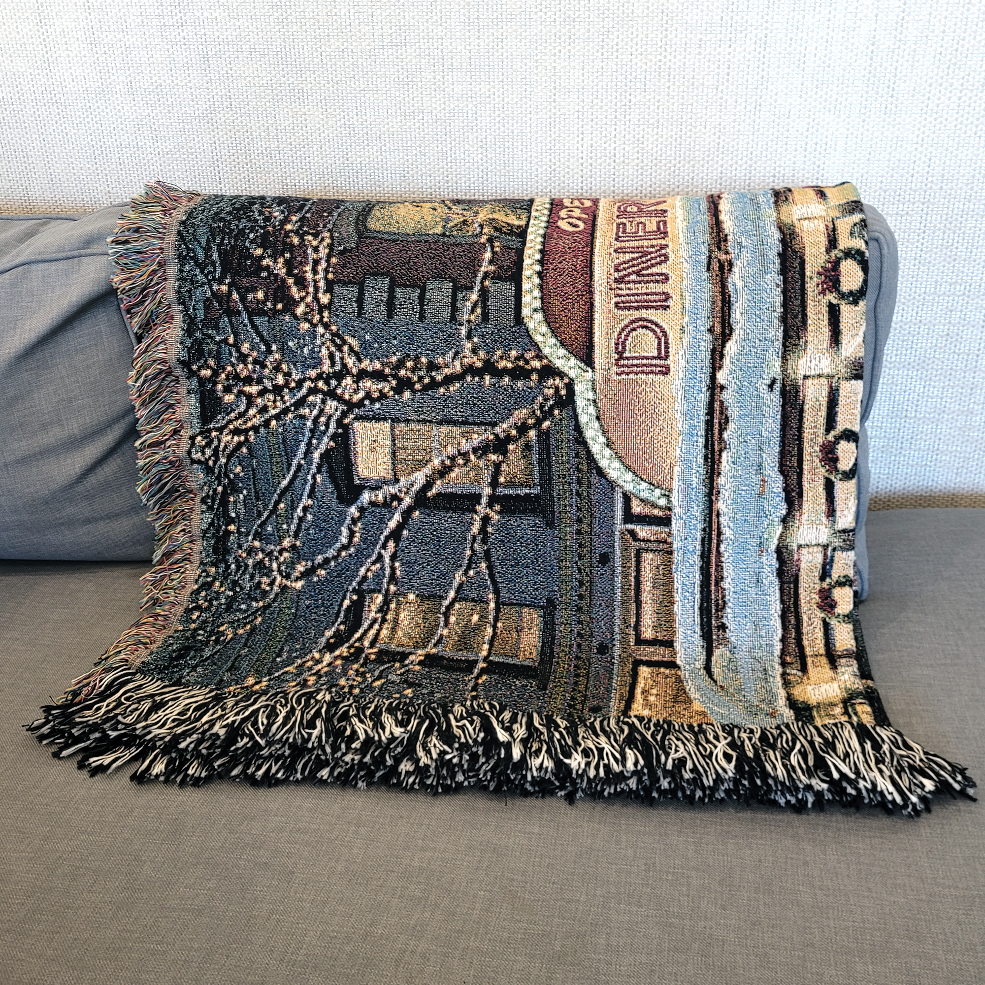Christmas Route 66 Diner Scene 100% Cotton Woven Tapestry Blanket by Renowned Artist Greg Giordano