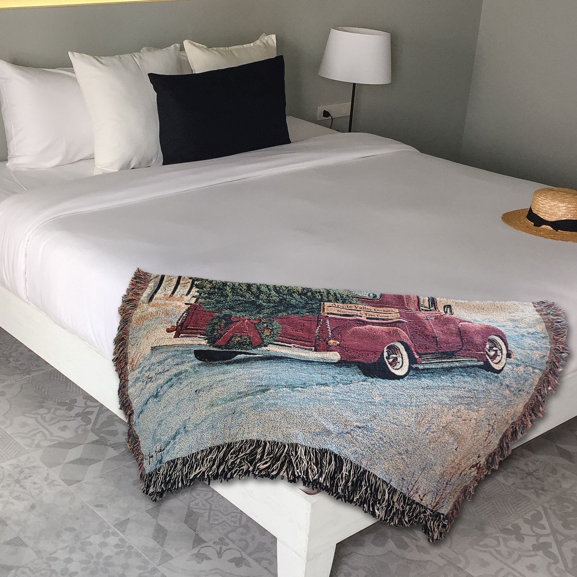 Christmas Tree and Truck Farm Scene 100% Cotton Woven Tapestry Blanket by Renowned Artist Greg Giordano