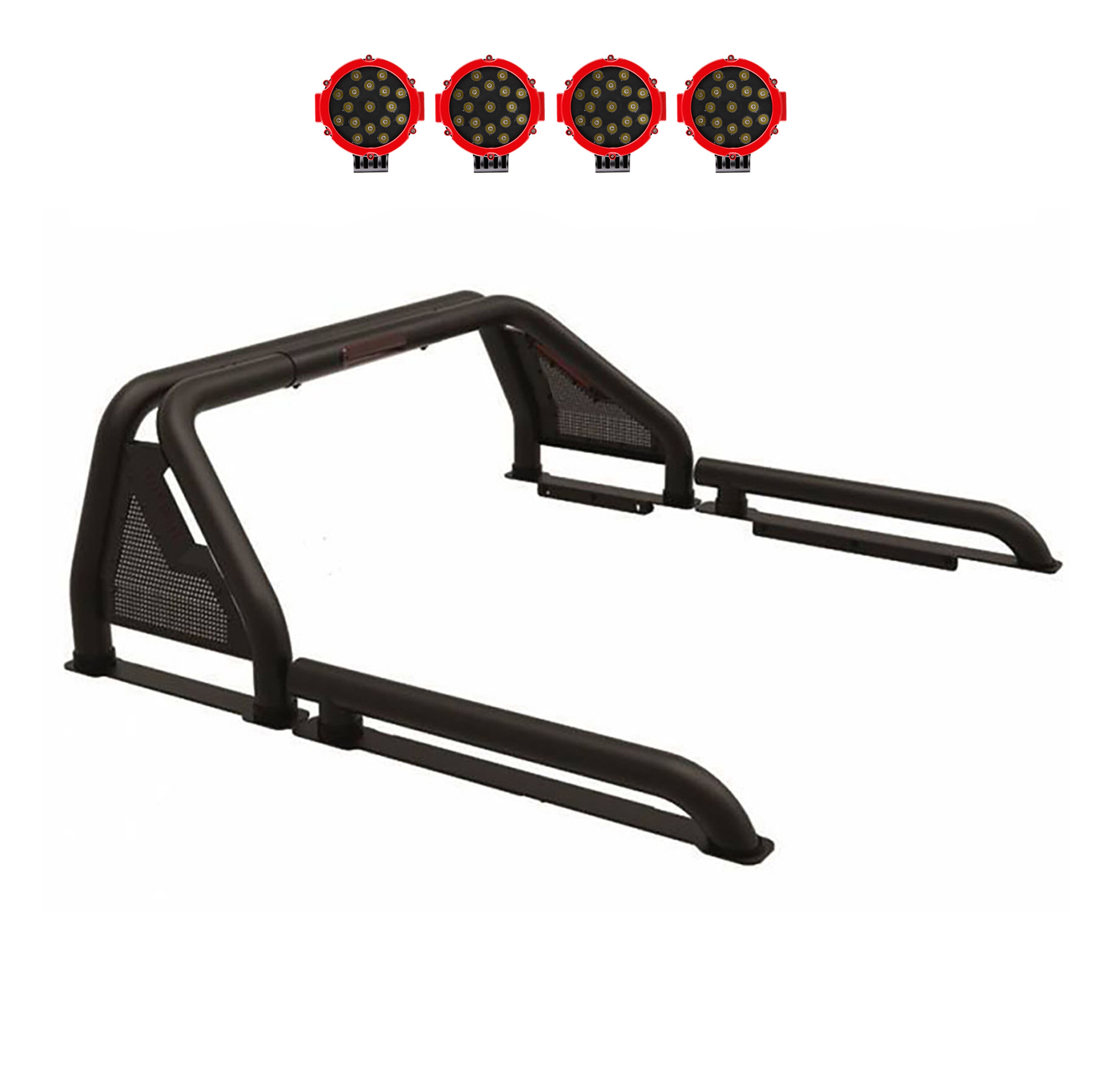 Gladiator Roll Bar Kit Modular Incl. 2 pairs of 7.0"Dia. LED Lights w/Red Trim Rings w/ Wiring Harness and Switch | Black Horse Off Road - Image 1