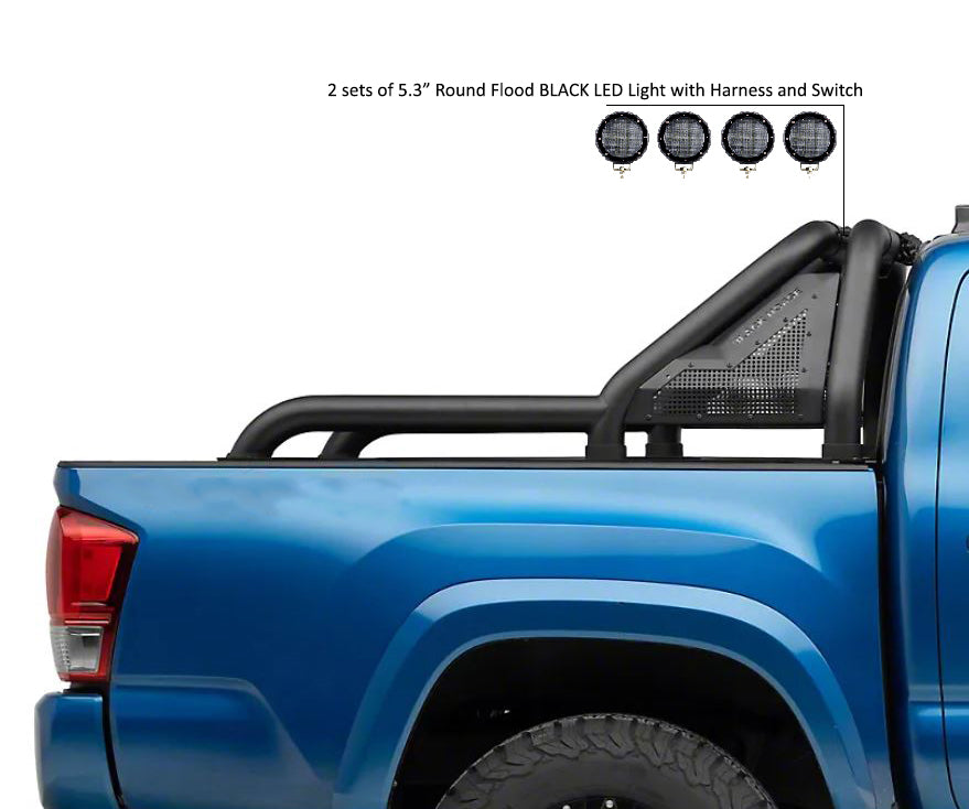 2019-2026 Ford Ranger Gladiator Roll Bar Kit Modular 2 sets of 5.3" Dia. Black LED Flood Lights w/ Harness and Switch | Black Horse Off Road - Image 9