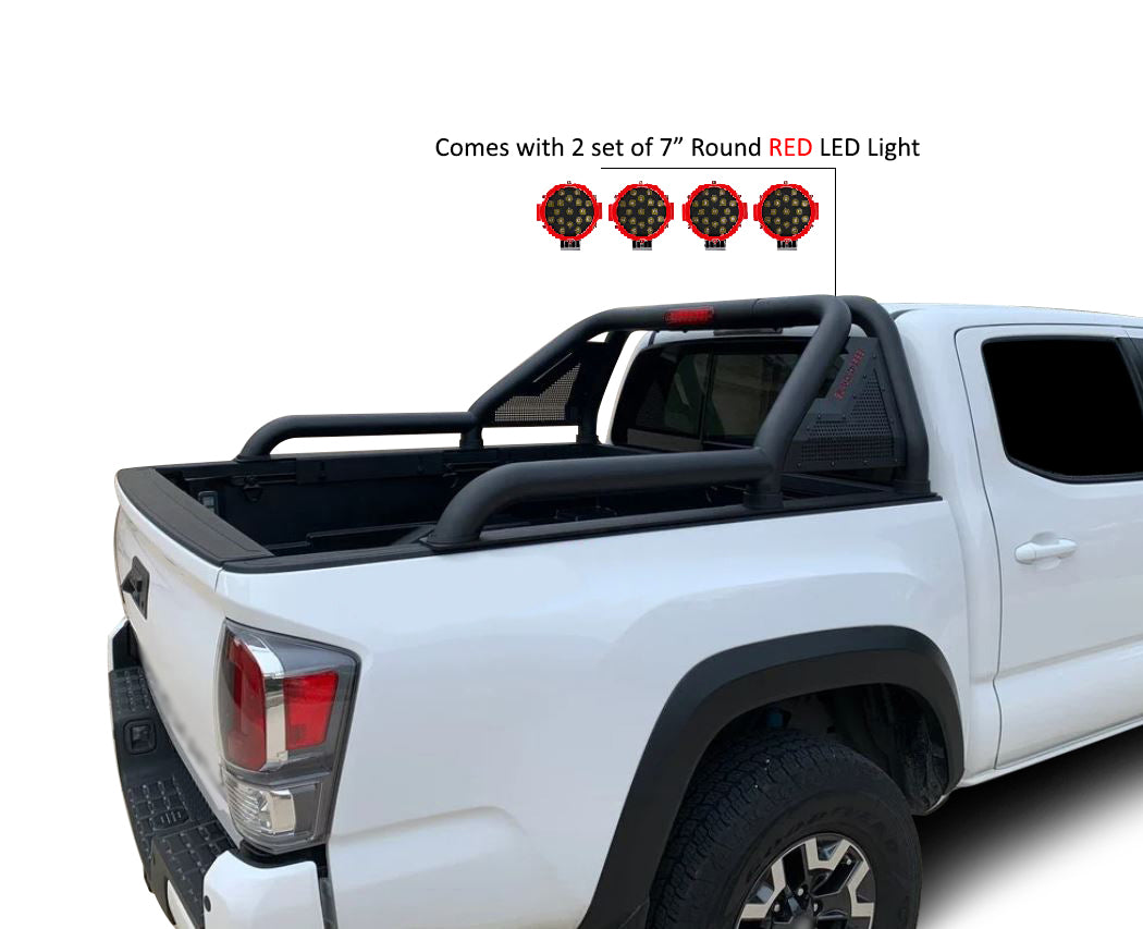 2019-2026 Ford Ranger Gladiator Roll Bar Kit Modular Incl. 2 pairs of 7.0"Dia. LED Lights w/Red Trim Rings w/ Wiring Harness and Switch | Black Horse Off Road - Image 7