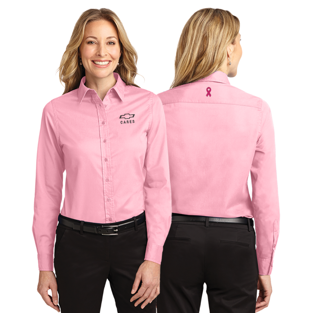 Ladies pink Chevy Cares breast cancer awareness dress shirt