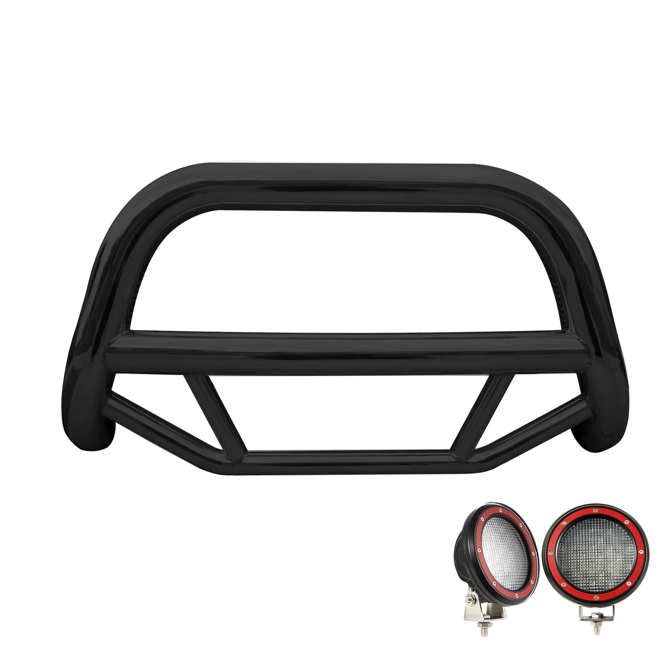 2009-2020 Dodge Ram 1500 Max Bull Bar Kit Pair of 5.3" Dia. LED Flood Lights w/ Red Trim Rings Wiring Harness and Switch | Black Horse Off Road - Image 2