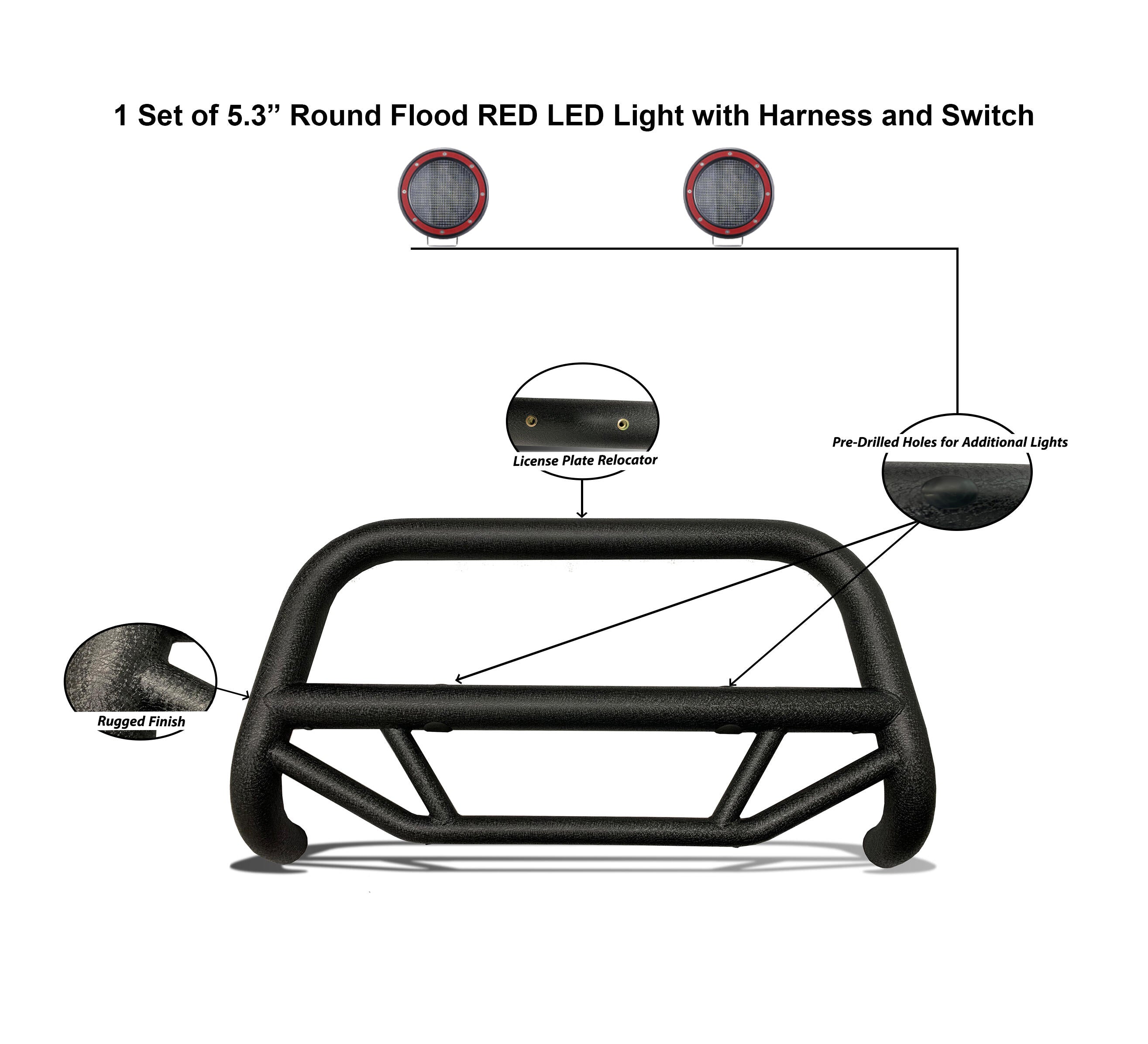 2004-2026 Ford F-150 Max T Bull Bar Kit Pair of 5.3" Dia. LED Flood Lights w/ Red Trim Rings Wiring Harness and Switch | Black Horse Off Road - Image 3