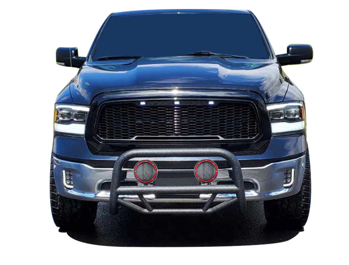2009-2024 Dodge Ram 1500 Max T Bull Bar Kit Pair of 5.3" Dia. LED Flood Lights w/ Red Trim Rings Wiring Harness and Switch | Black Horse Off Road - Image 2