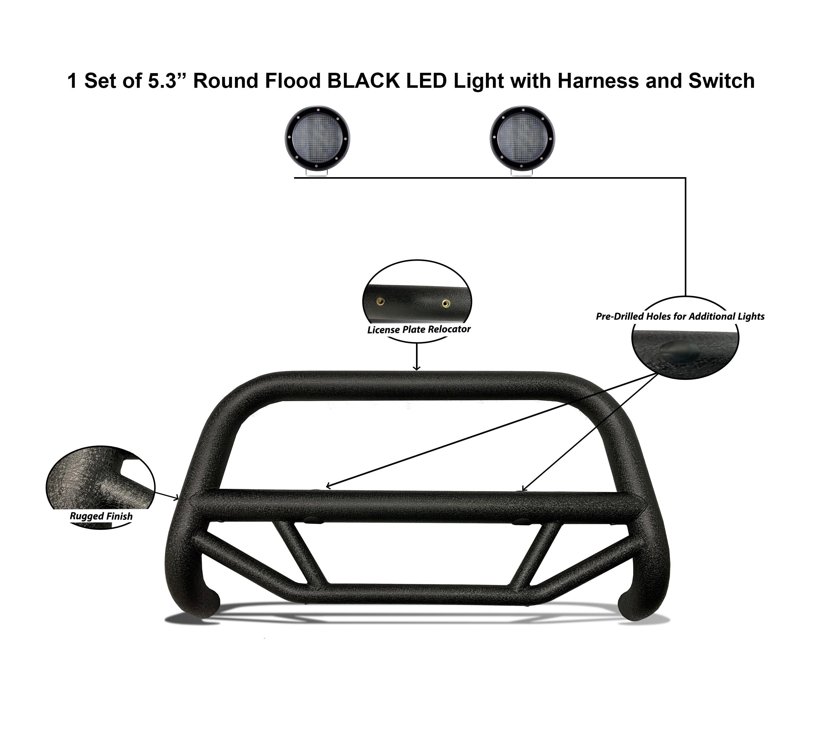 2019-2025 Dodge Ram 2500 Max T Bull Bar Kit Pair of 5.3" Dia. LED Flood Lights w/ Black Trim Rings Wiring Harness and Switch | Black Horse Off Road - Image 3