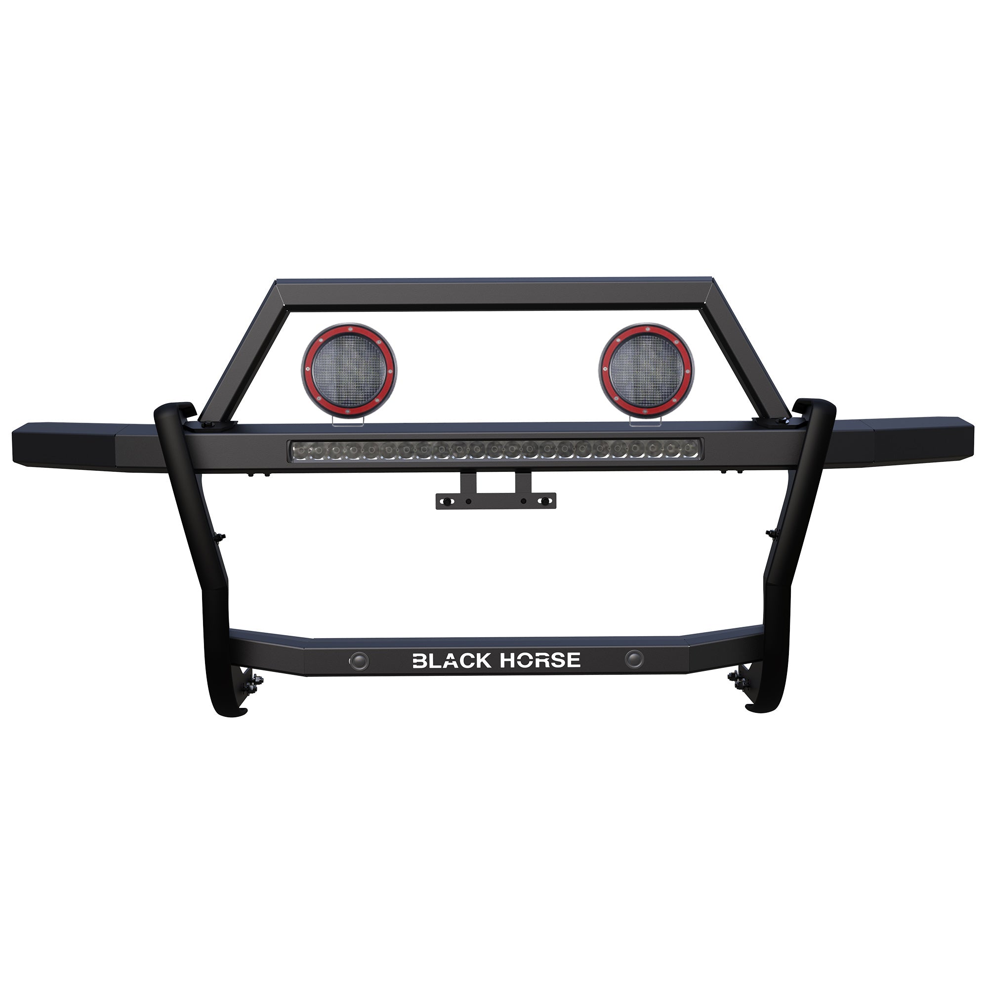 2023-2024 Chevrolet Silverado 1500 Rambler Grille Guard Kit Modular Includes 30" LED Bar Single Row & a set of 5.3" Dia. LED Flood Lights w/ Red Trim Rings Wiring Harness and Switch | Black Horse Off Road - Image 1