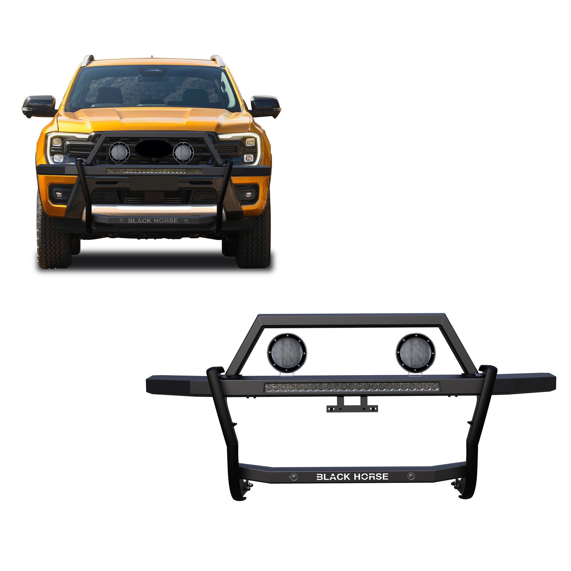 2019-2023 Ford Ranger Rambler Grille Guard Kit Modular Includes 30" LED Bar Single Row & a set of 5.3" Dia. LED Flood Lights w/ Black Trim Rings Wiring Harness and Switch | Black Horse Off Road - Image 1