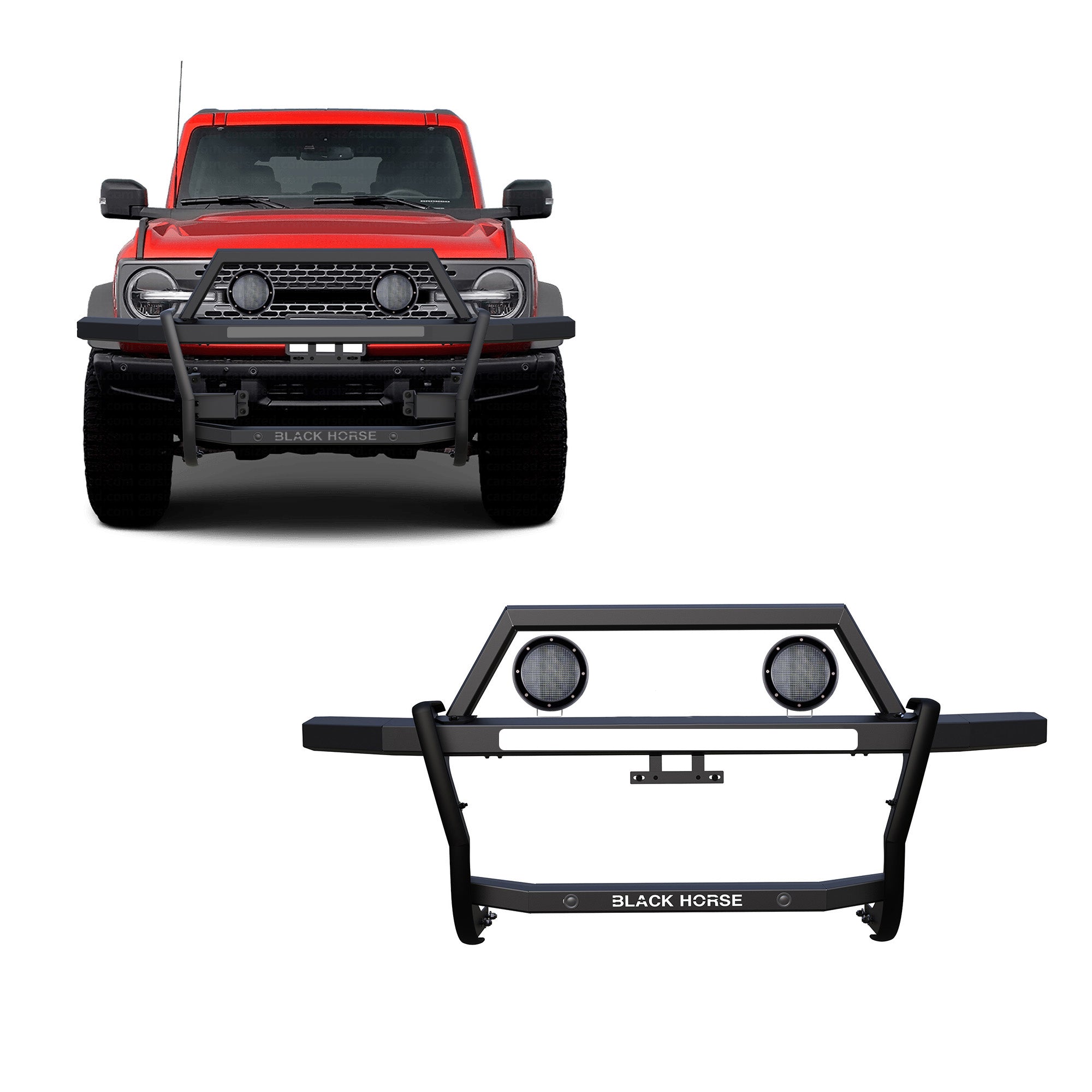 2021-2025 Ford Bronco Rambler Grille Guard Kit Modular Includes a set of 5.3" Dia. LED Flood Lights w/ Black Trim Rings Wiring Harness and Switch | Black Horse Off Road - Image 1