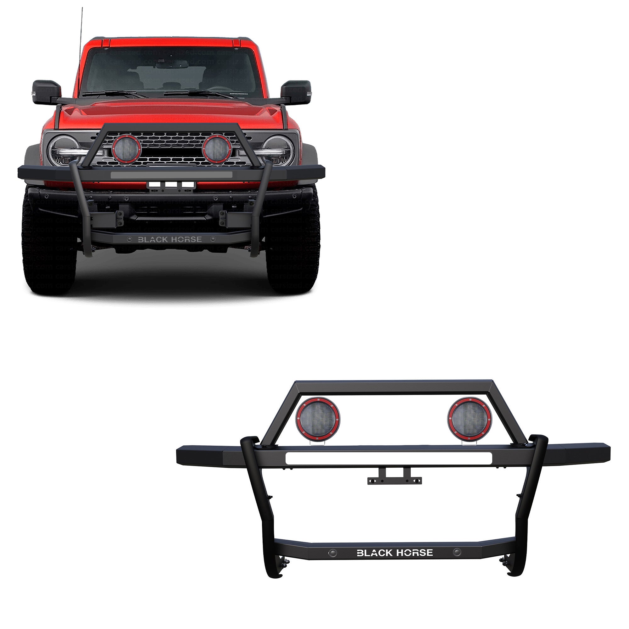 2021-2025 Ford Bronco Rambler Grille Guard Kit Modular Includes a set of 5.3" Dia. LED Flood Lights w/ Red Trim Rings Wiring Harness and Switch | Black Horse Off Road - Image 1