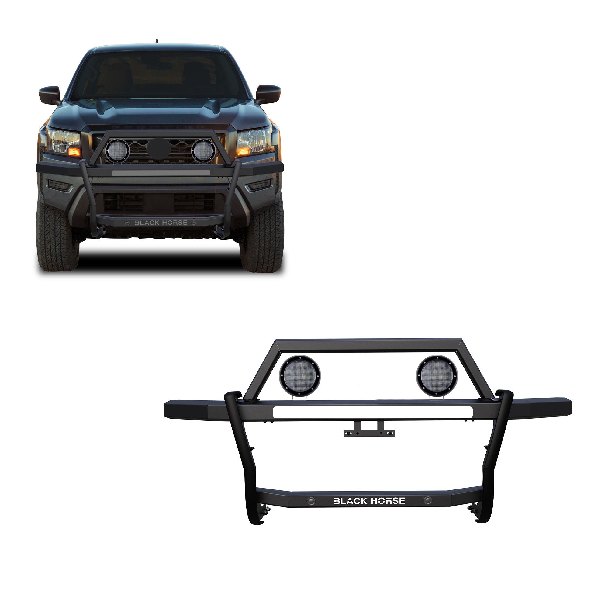 2022-2025 Nissan Frontier Rambler Grille Guard Kit Modular Includes a set of 5.3" Dia. LED Flood Lights w/ Black Trim Rings Wiring Harness and Switch | Black Horse Off Road - Image 1
