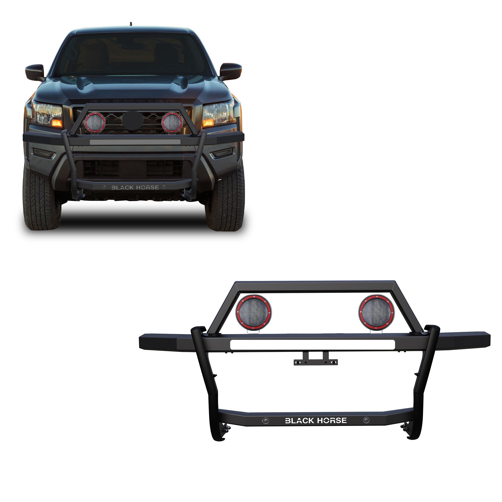 2022-2025 Nissan Frontier Rambler Grille Guard Kit Modular Includes a set of 5.3" Dia. LED Flood Lights w/ Red Trim Rings Wiring Harness and Switch | Black Horse Off Road - Image 1