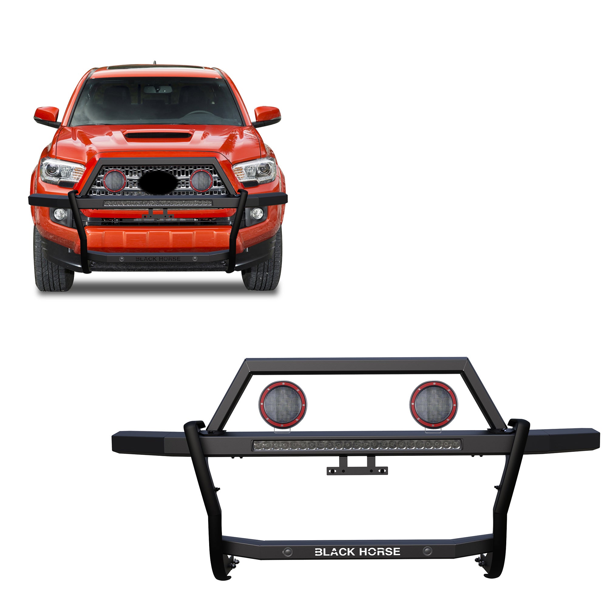 2005-2023 Toyota Tacoma Rambler Grille Guard Kit Modular Includes 30" LED Bar Single Row & a set of 5.3" Dia. LED Flood Lights w/ Red Trim Rings Wiring Harness and Switch | Black Horse Off Road - Image 1