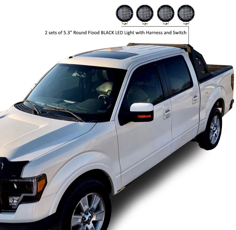 Armour Roll Bar Kit 2 sets of 5.3" Dia. Black LED Flood Lights w/ Harness and Switch | Black Horse Off Road - Image 1