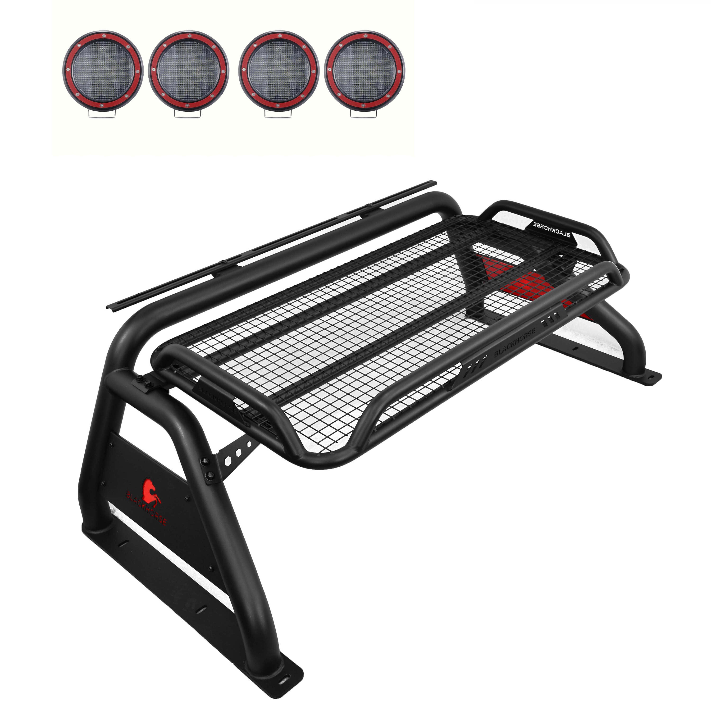 1999-2026 Ford F-250 Super Duty Atlas Roll Bar Kit 2 sets of 5.3" Dia. Black LED Flood Lights w/ Harness and Switch | Black Horse Off Road - Image 1