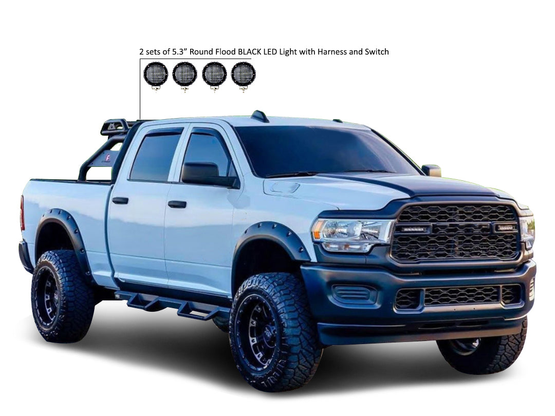 Atlas Roll Bar Kit 2 sets of 5.3" Dia. Black LED Flood Lights w/ Harness and Switch | Black Horse Off Road - Image 8